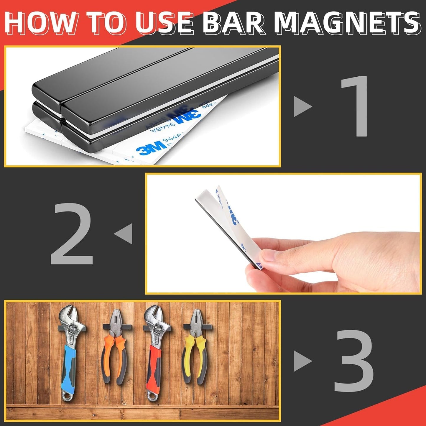 Grtard 24 Pack Strong Neodymium Bar Magnets Heavy Duty, Powerful Permanent Rare Earth Magnets with Double-Sided Adhesive, Super Strong Magnets Bar for Kitchen, Fridge, DIY, Craft, Garage - 60x10x3mm