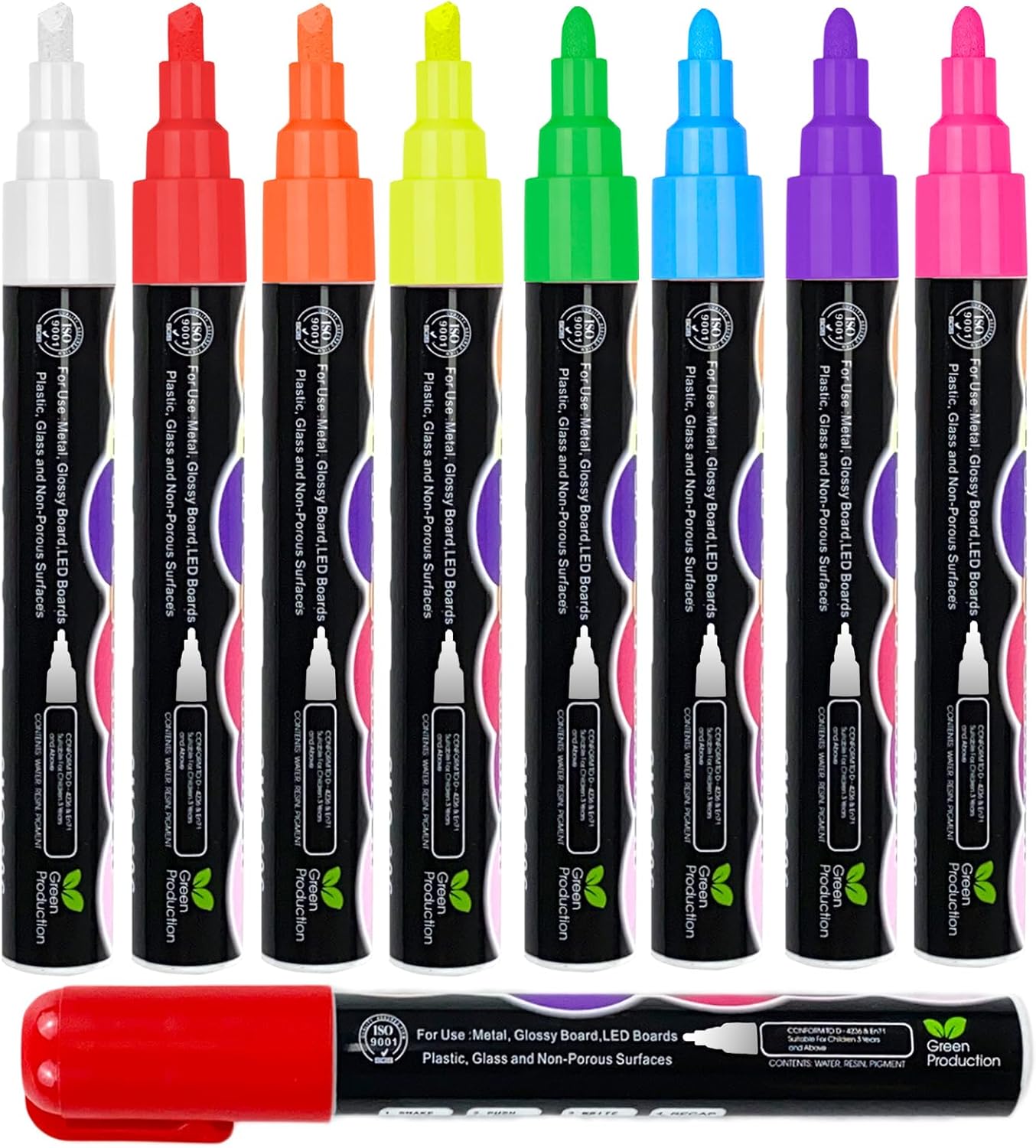 Liquid Chalk Markers Set (8 Pack), 6mm Reversible Thick & Chisel Tip, Wet Erase Paint Pens for Non Porous Blackboard Chalkboard, Car Glass Windows, School Business Supplies (8 Neon Color)