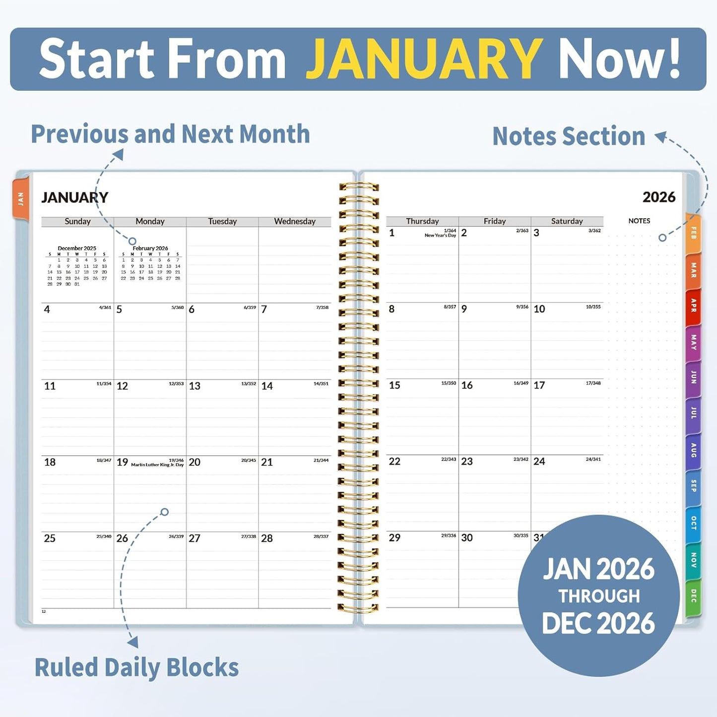 SUNEE 2026 Appointment Book, Quarter-Hourly, Weekly & Monthly - from January 2026 - December 2026, 8.5"x11" Weekly Planner, Flexible Cover, Note Pages, Pockets, Bookmark, Spiral Binding, Gray Blue