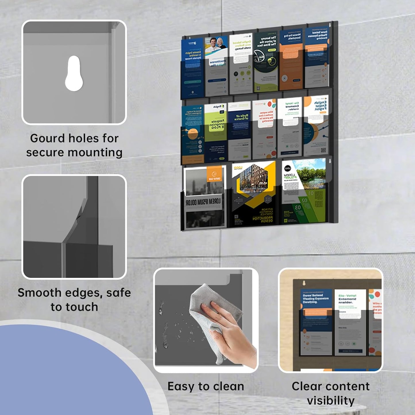 Acrylic Brochure Pamphlet Holder, 3 Magazine Holders and 12 Pamphlet Holders, Black Display Rack Wall Mount, Trifold Flyer Holder, Literature Storage Rack for Home, Offices, Waiting Room