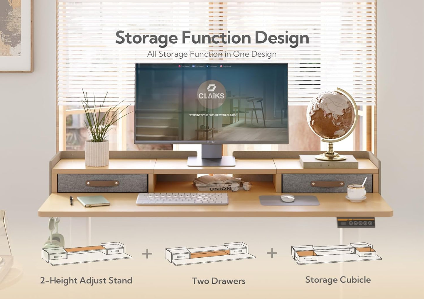 Claiks Standing Desk with Drawers, Stand Up Electric Standing Desk Adjustable Height, Sit Stand Desk with Storage Shelf and Splice Board, 55 Inch, Natural