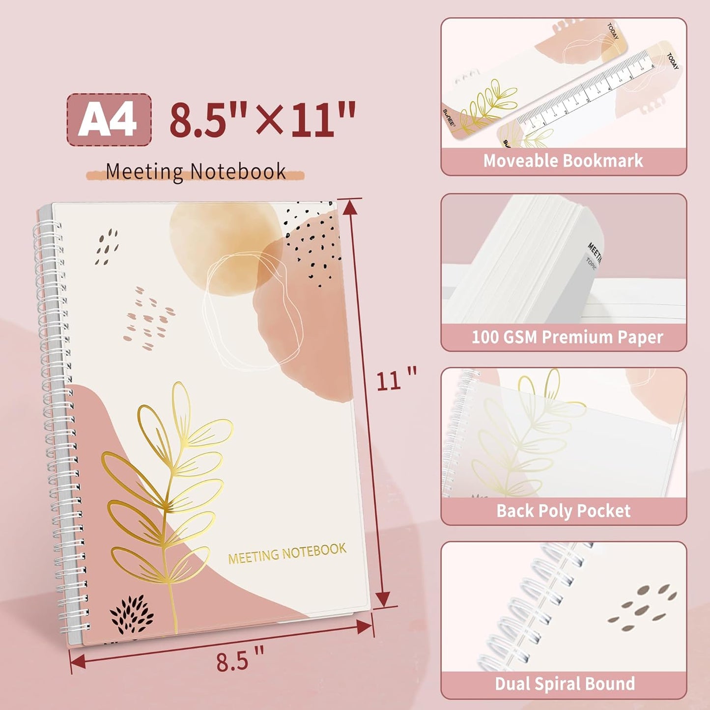 SUNEE Half Meeting Half Note - 8.5"x11" Professional Notebooks for Work - 160 Pages, A4 Size Project Planner, Spiral Meeting Agenda/Minutes Organizer for Women Men, Note Taking, Office & Business