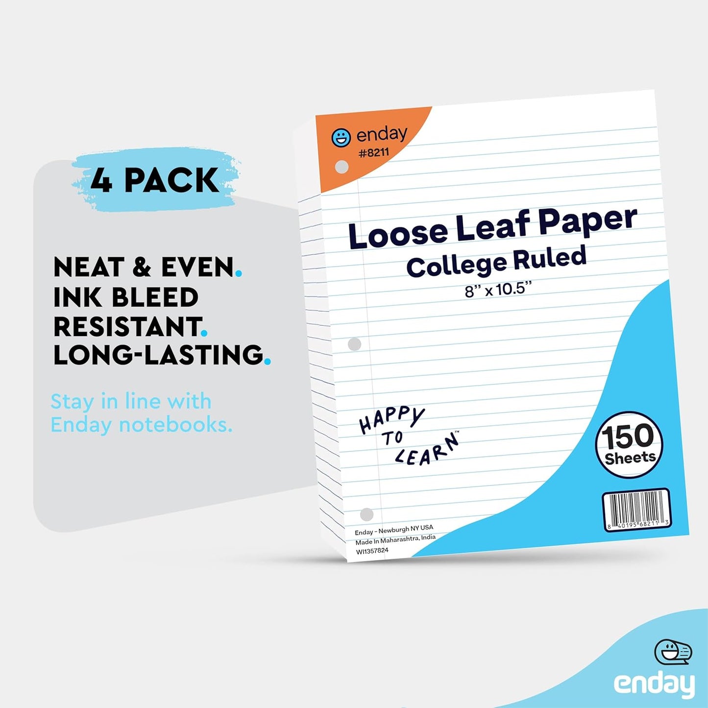 Loose Leaf Paper College Ruled Notebook Paper, 8" x 10.5" Filler Paper White, 3 Hole Punched Binder Paper for 3 Ring Binders, Lined Paper 150 Sheets Per Pack (4 Pack) - By Enday