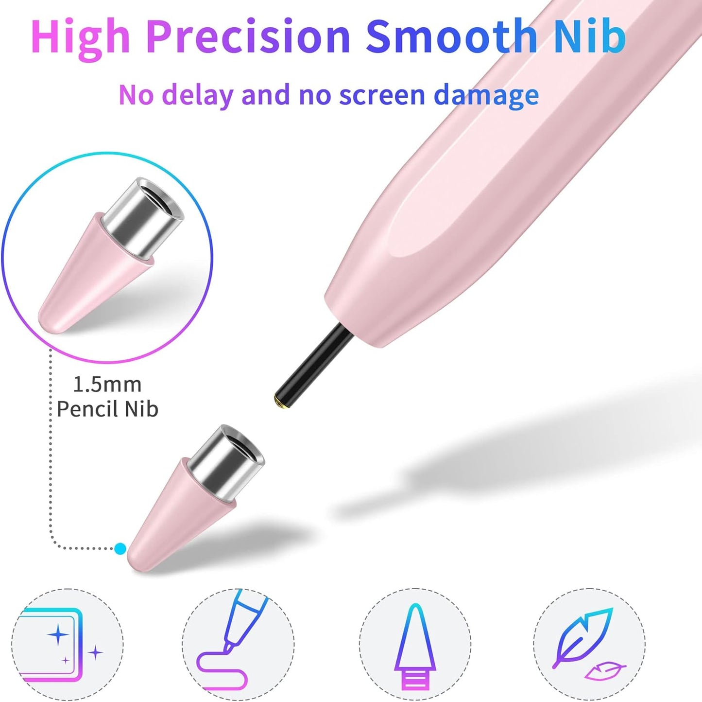 DRYMOKINI Stylus Pen, Active Stylus Pen Touch Screens Compatible for Android and iOS Tablet/Phones, Rechargeable Universal Stylus Pencil Compatible for A-pple/i-Pad/Phone Tablet, Pink
