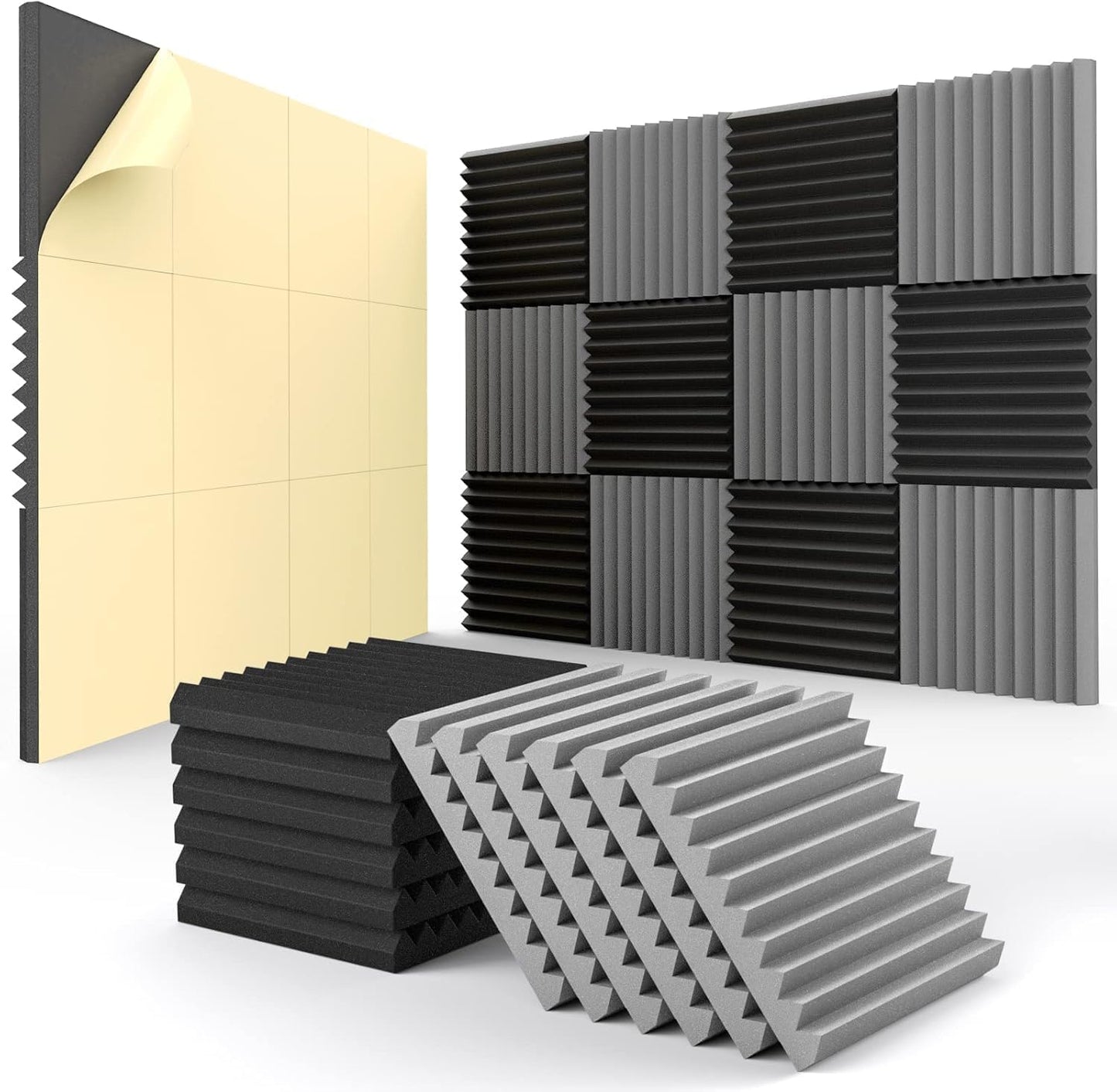 12 Pack Self-Adhesive Acoustic Panels - 1”X 12”X 12”Wall Panels - Quick-Recovery and High Density Sound Panels - Sound proof Acoustic Foam for Home Studio - Black and Gray