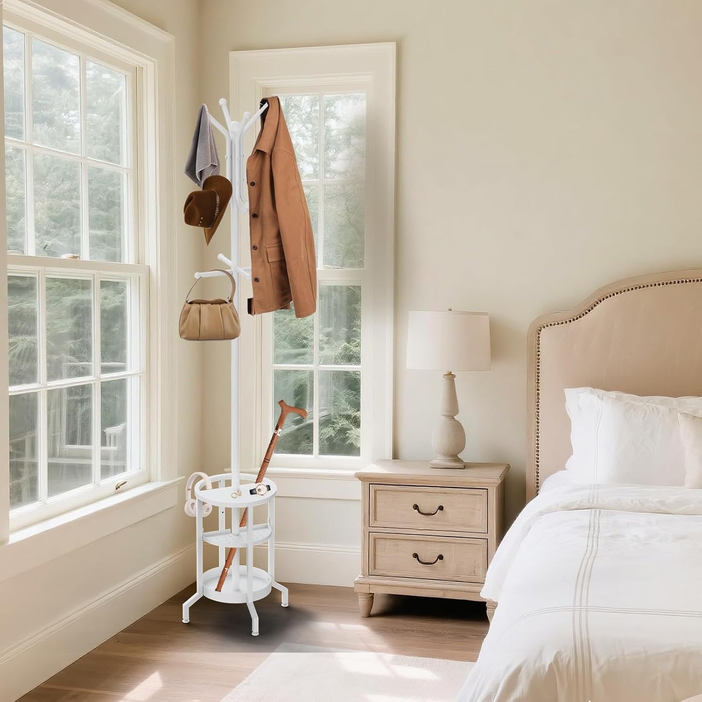 Coat Rack Freestanding, Coat Stand with Umbrella Holder, Metal Coat Tree with 12 Hooks, Coat Hanger Stand for Entryway, Coat Rack Stand for Bedroom, Living Room & Office