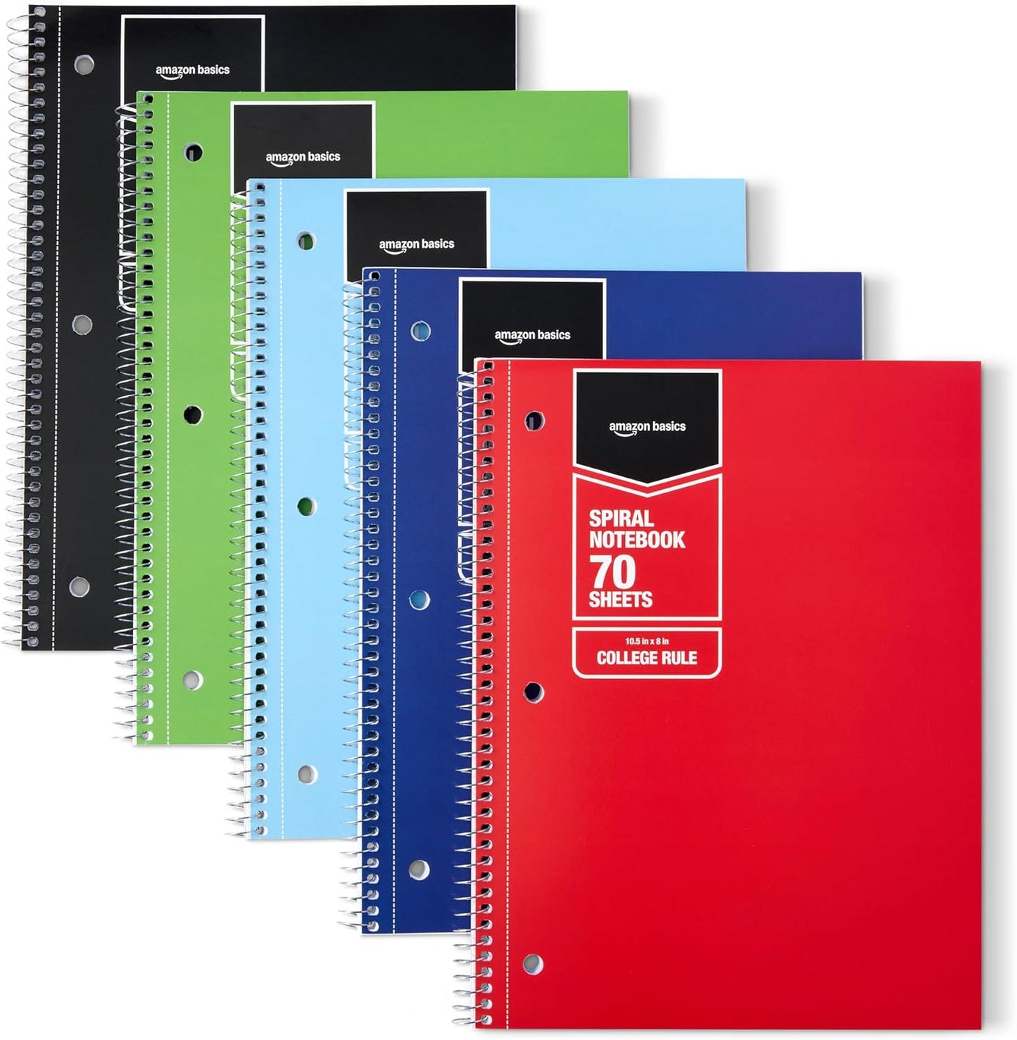 Amazon Basics College Ruled Spiral Notebook, 70 Sheets, 10.5" x 8", Assorted Solid Colors, 5 pack