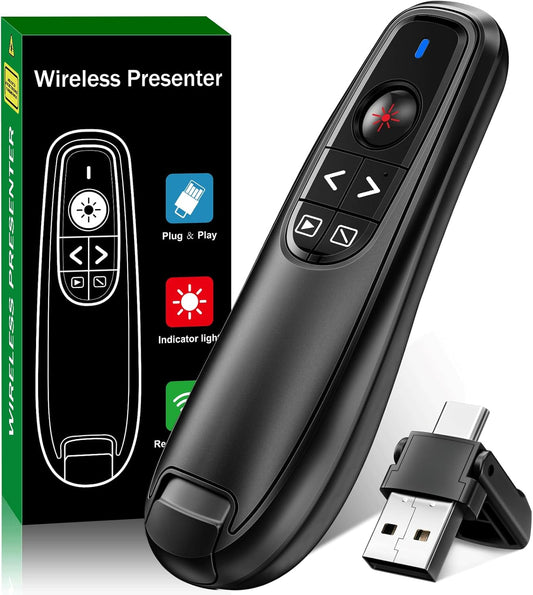 2-in-1 USB Type C Presentation Clicker, Wireless Presentation Clicker PowerPoint Presenter Remote with Volume Control, Powerpoint Clicker with Slide Advancer for Computer/Laptop/Mac