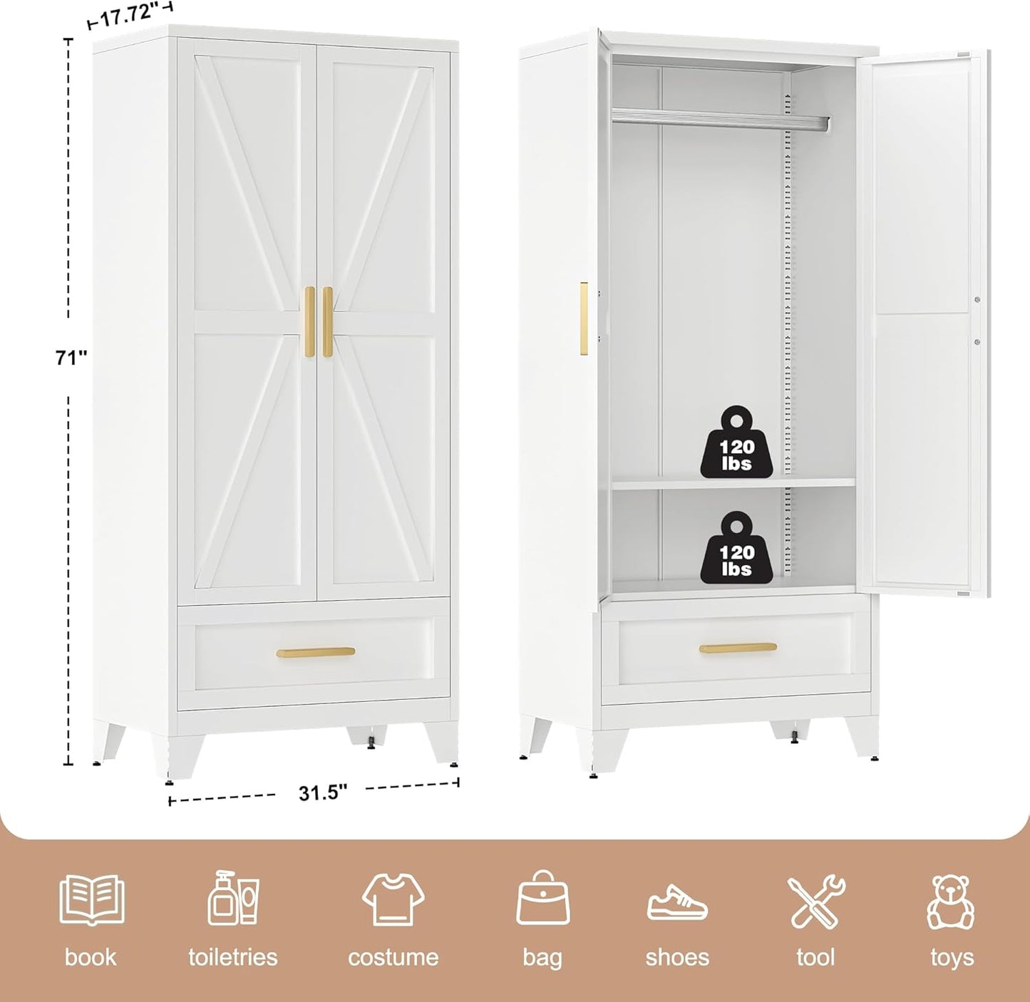 71" Tall Metal Wardrobe Cabinet with Drawer and Hanging Rod, 2 Doors Armoire Wardrobe Closet with Shelf for Bedroom, Office, Laundry Room, White