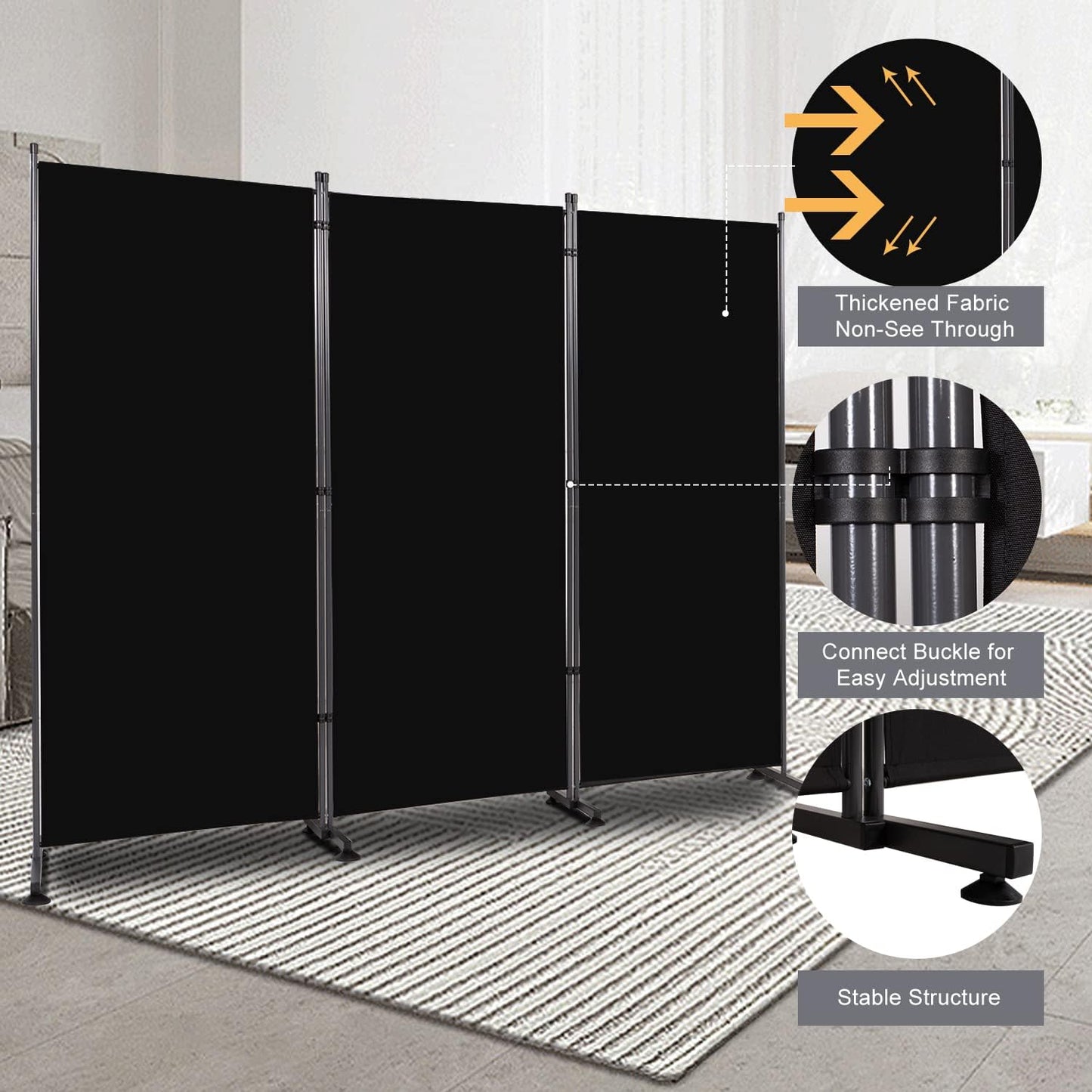 Room Divider 6FT Folding Privacy Screens, Partition Room Dividers w/Freestanding Design, Portable Wall Divider for Room Separtation, Fabric Screen Panel for Home Office Dorm (Black, 3 Panel-Round Pad)