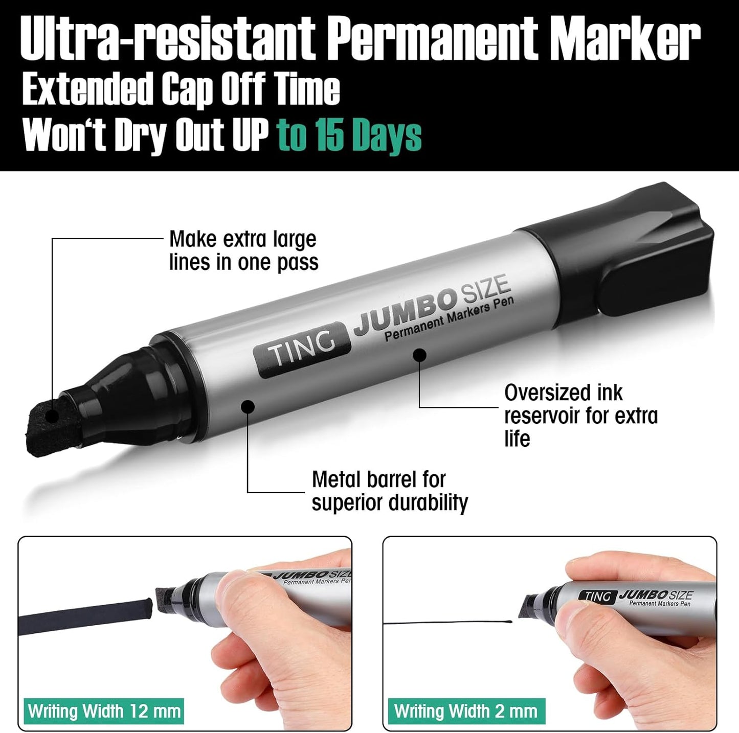 Fuutreo 16 Pcs Jumbo Size Permanent Markers Bulk Large Chisel Tip Permanent Markers Thick Waterproof Jumbo Pens Set Huge Poster Supplies(Black)