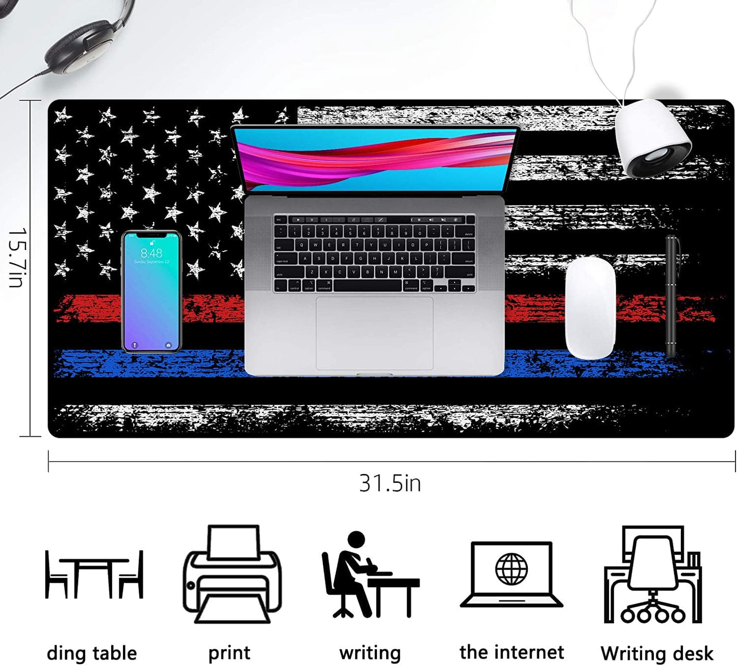 Extended Large Gaming Mouse Pad Red Blue American Flag XXL Size Keyboard Mouse Mat Desk Pad with Non Slip Rubber Base Stitched Edges Office Decor for Women Girls Men,35.4 x 15.7inch