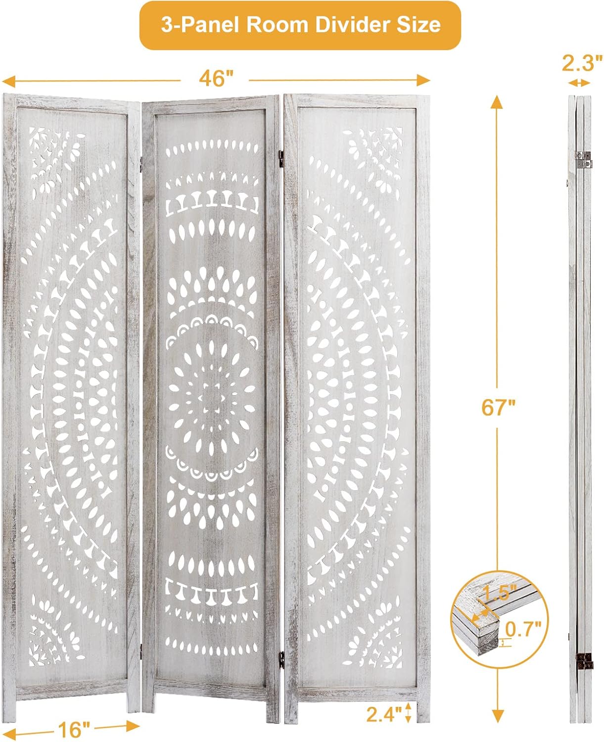 3 Panel Handcrafted Carved Room Divider Screen, 360° Adjustable Wood Folding Privacy Screens for Room Separation, 66.9 Inch Partition Room Dividers for Home Bedroom Office, White