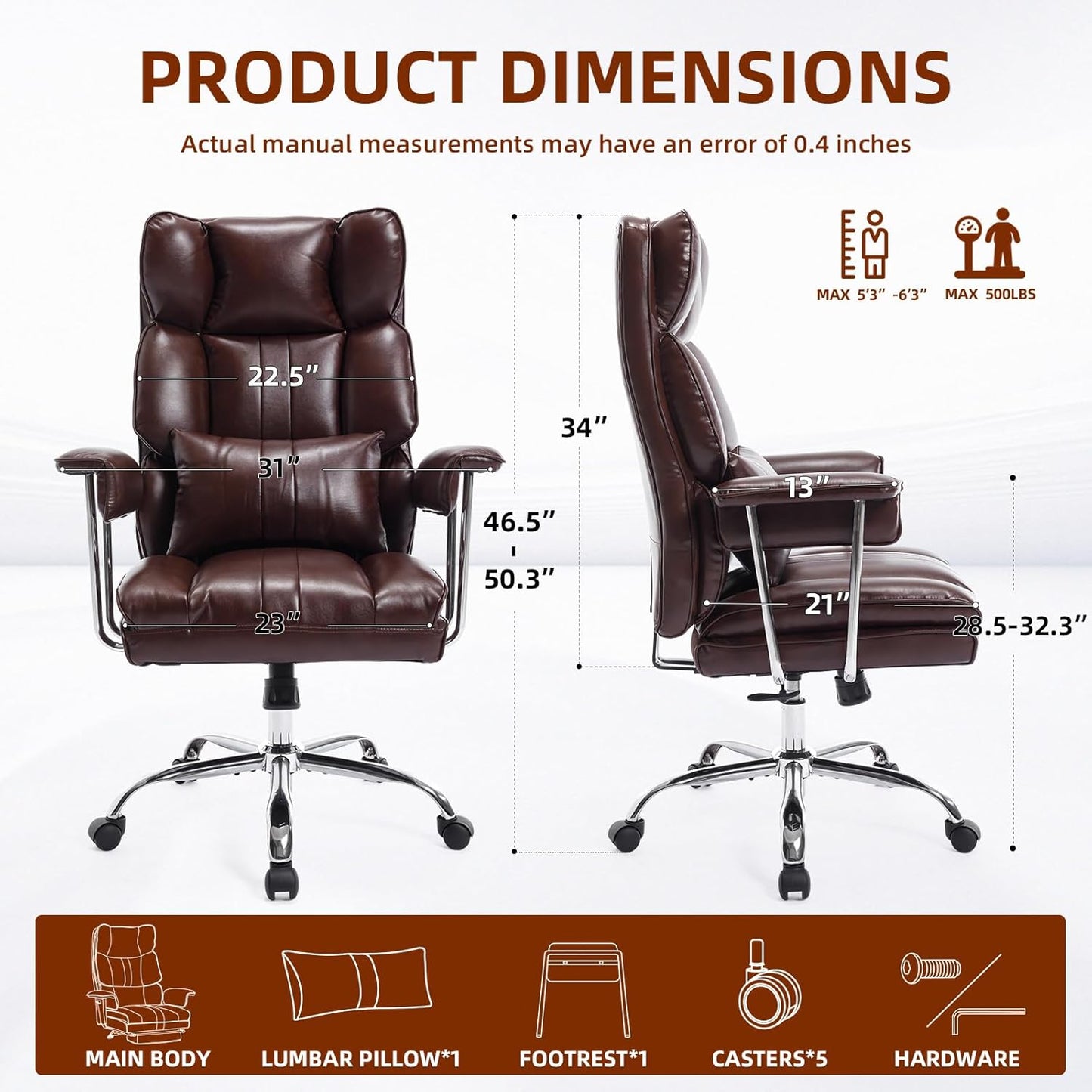 Big and Tall Office Chair 500lbs Wide Seat Executive Office Desk Chair High-Back Office Task Chair, Ergonomic Lumbar Support Computer Office Chairs for Heavy People(Brown)
