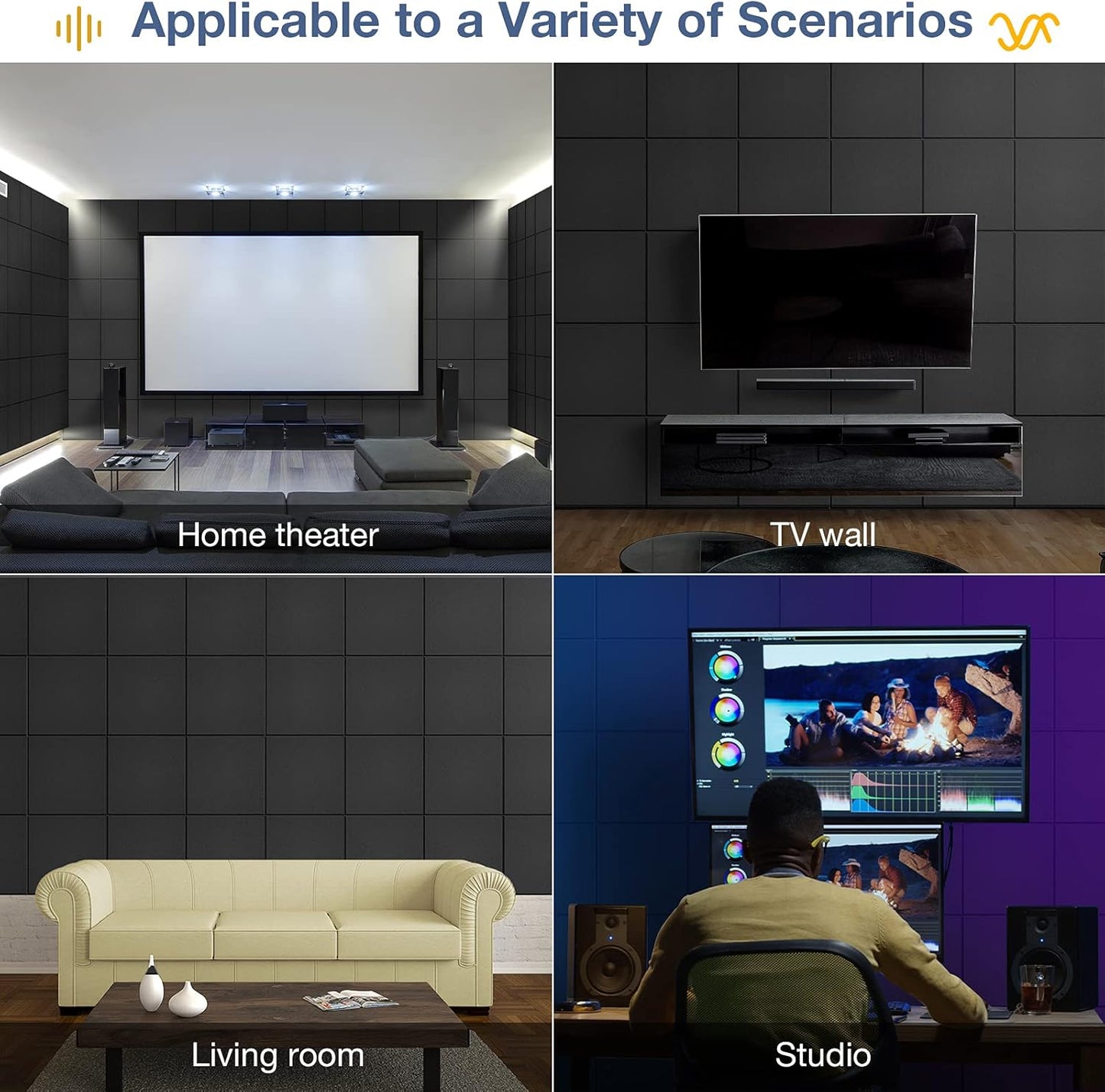 22 Pack Self-Adhesive Acoustic Panels, 12" X 12" X 0.4" High-Density Sound Proof Foam Panels for Walls, Soundproof Wall Panels for Home & Office (Black)