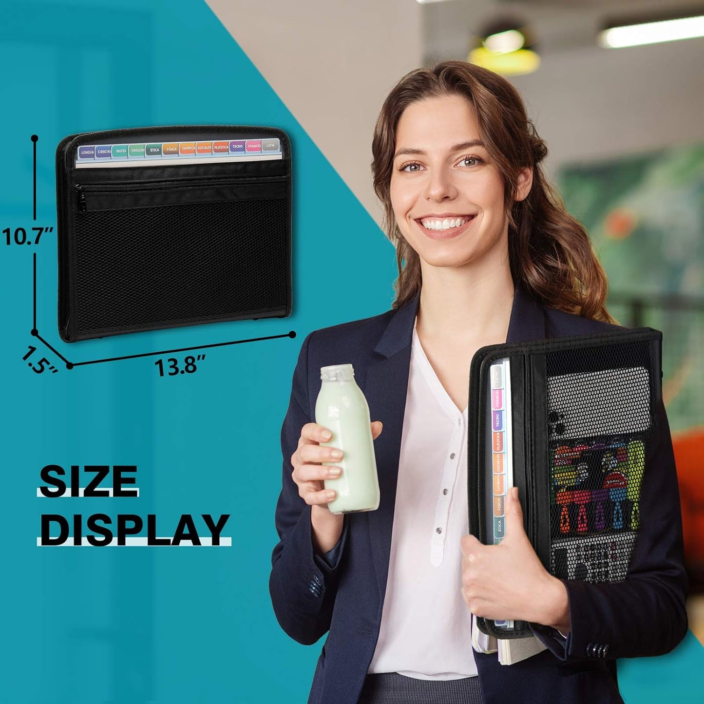 H4D Zippered Accordion File Organizer with Front Mesh Pouch, 13 Pocket Expanding File Folder, Fit for Documents Letter Size A4 Papers, Clear