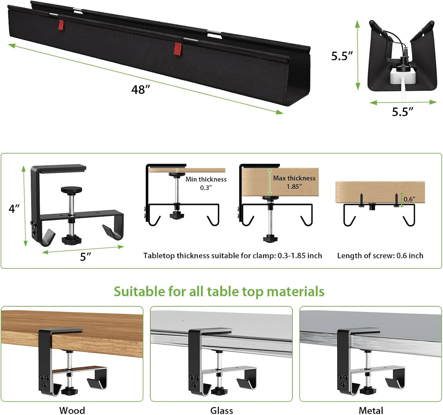 KEEGH Extra Large 48" Under Desk Cable Management Tray - Under Desk Cord Management - Clamp/Screw Mount - Support Upto 70lbs - Fabric Wire Management - Cable Raceways Tray Cord Hiders for Office/Home
