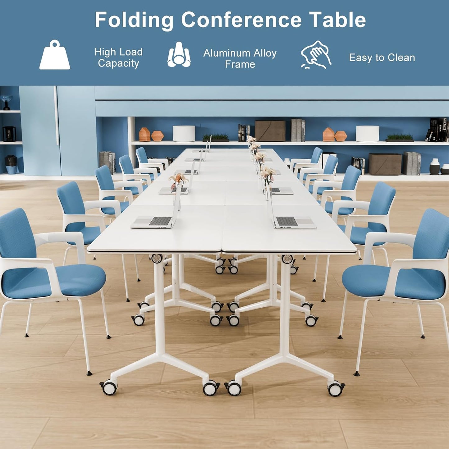10Pack Folding Conference Room Table, Modern Conference Tables with Silent Wheels, Large Rectangular Mobile Training Tables for Office Classroom, Foldable Modular Seminar Table White (L63in)