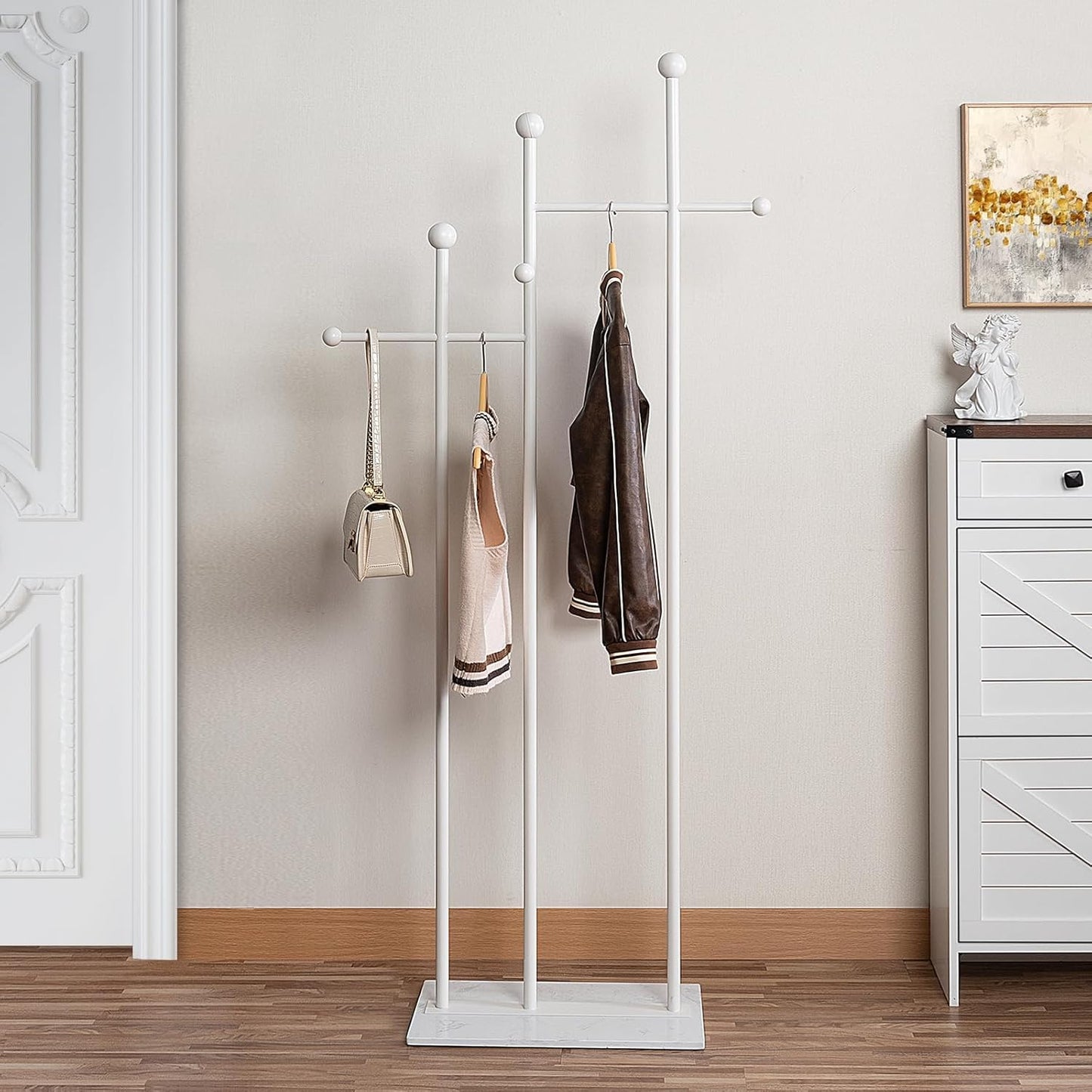 Freestanding Coat Rack with Marble Base Heavy Duty Clothes Rack Metal Coat Tree Stand Hat Rack for Corner Bedroom Entryway Living Room Hotel 19.69 x 11.02 x 68.9 Inches (White)