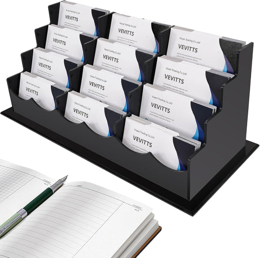 Business Card Holder, Acrylic Business Card Display, Clear Desktop Business Card Stand for Exhibition, Home & Office Black 4 Tiers 12 Slots