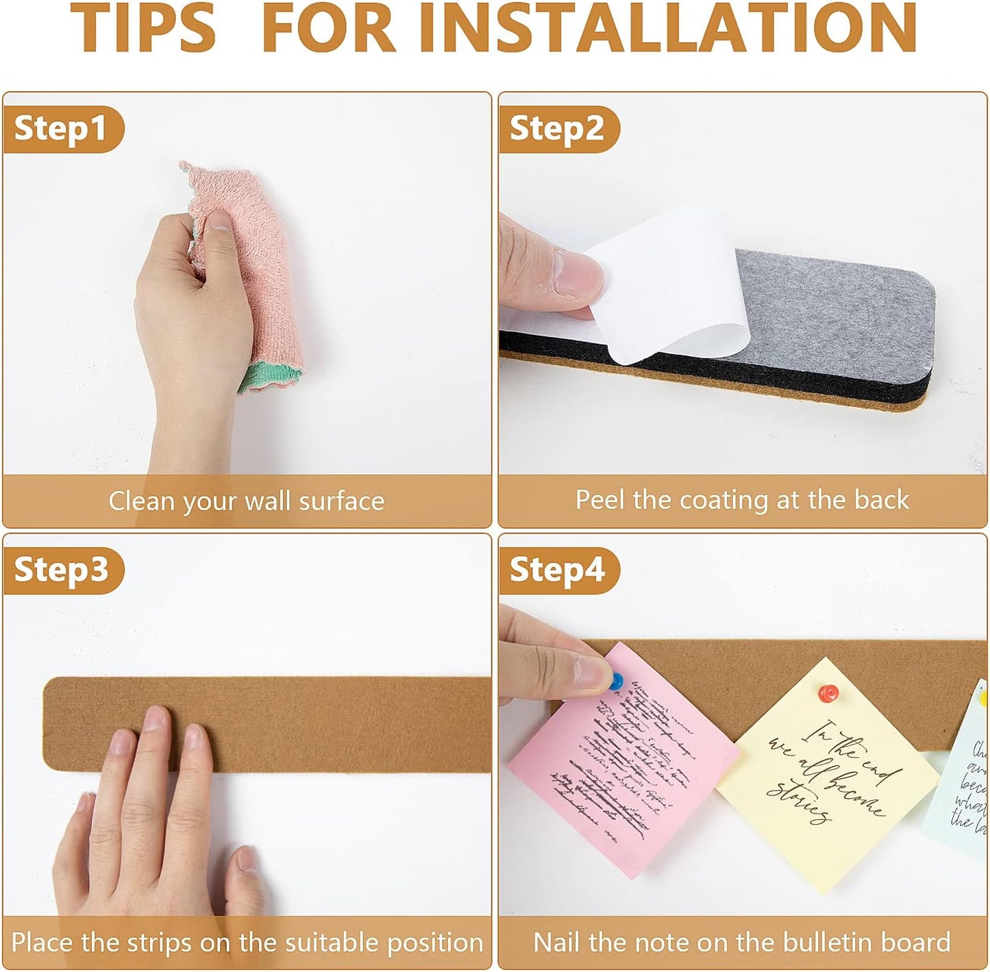 Felt Pin Board Bar Strips Bulletin Board for Bedrooms Offices Home Wall Decoration, Notice Board Self Adhesive Cork Board with 35 Push Pins for Paste Notes, Photos, Schedules