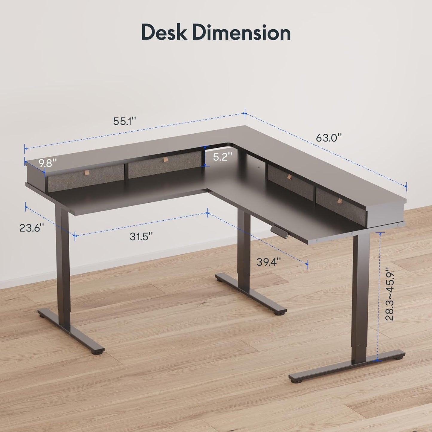 FLEXISPOT 63" L Shaped Standing Desk Electric Corner Table with Monitor Shelf, 4 Storage Drawers, Adjustable Computer Workstation for Home, Office, Game, Studio, Black Top + Black Frame
