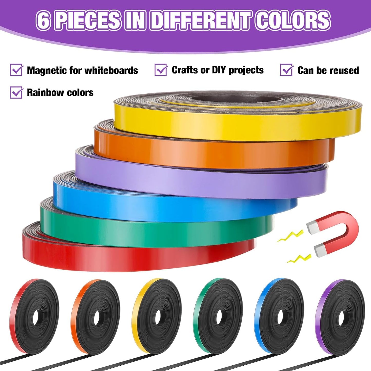 6 Rolls Magnetic Tape Roll Thin Strips, 33 ft Magnetic Whiteboard Graphic Decorative Tape Marking Line Magnet Board Dividers for Classroom Office Art Accessories (Mix Color,0.39 Inch)