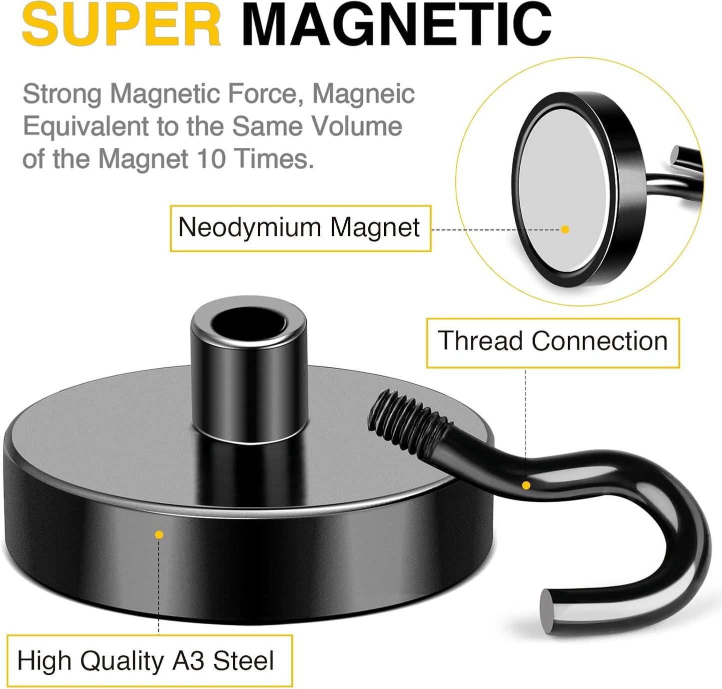 DIYMAG Black Magnetic Hooks, 150 LB Heavy Duty Strong Magnets with Hook, Rare Earth Neodymium Magnet for Hanging, Magnetics Hanger for Curtain, Home, Kitchen, Workplace, 6 Packs