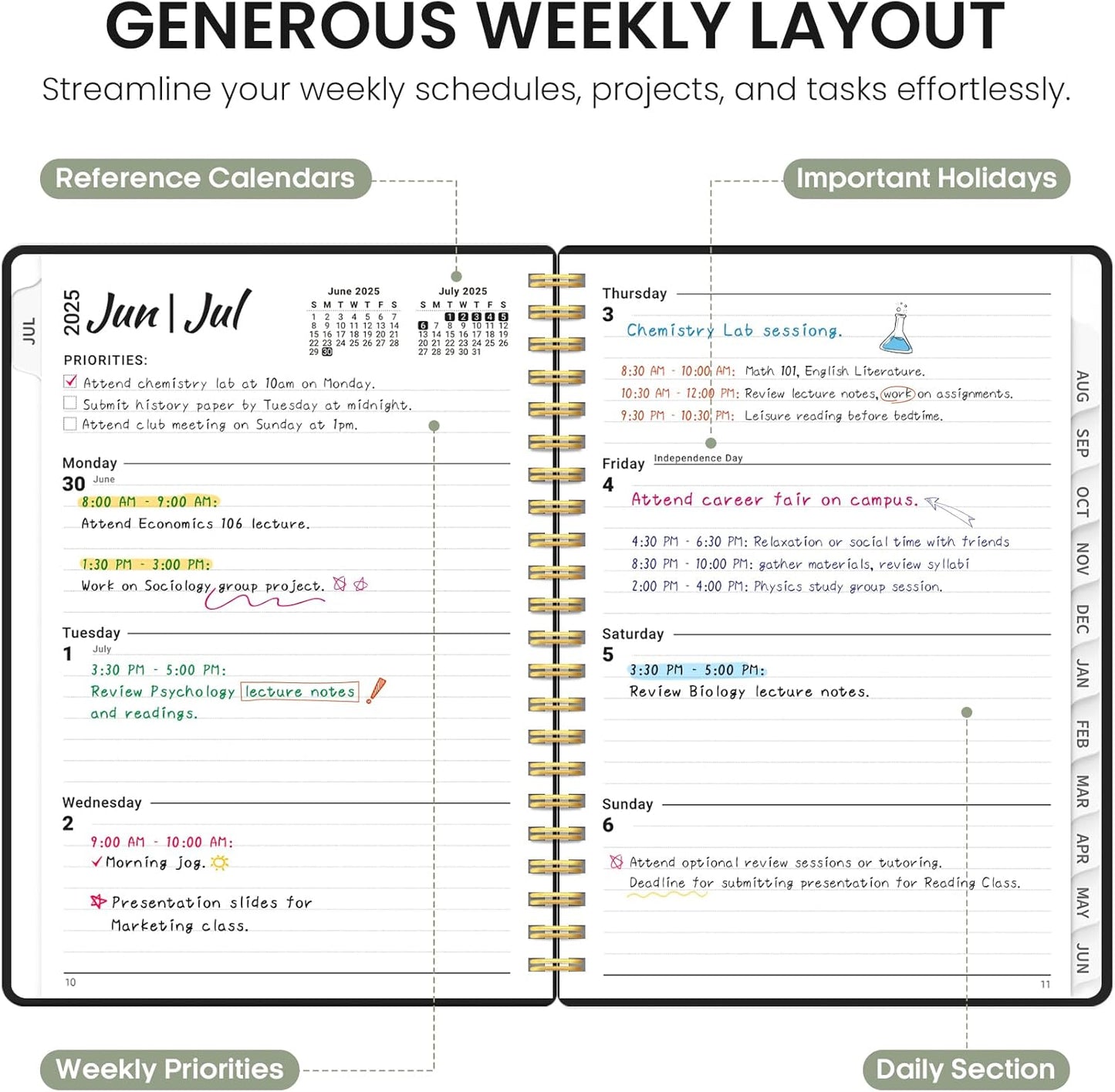 Planner 2025-2026, Academic Year Weekly and Monthly Calendar Planner, July 2025 - June 2026, Spiral Bound School Planning Tool, Perfect for Teacher, Student, Woman & Men - A4 (8.5" x 11"), Green