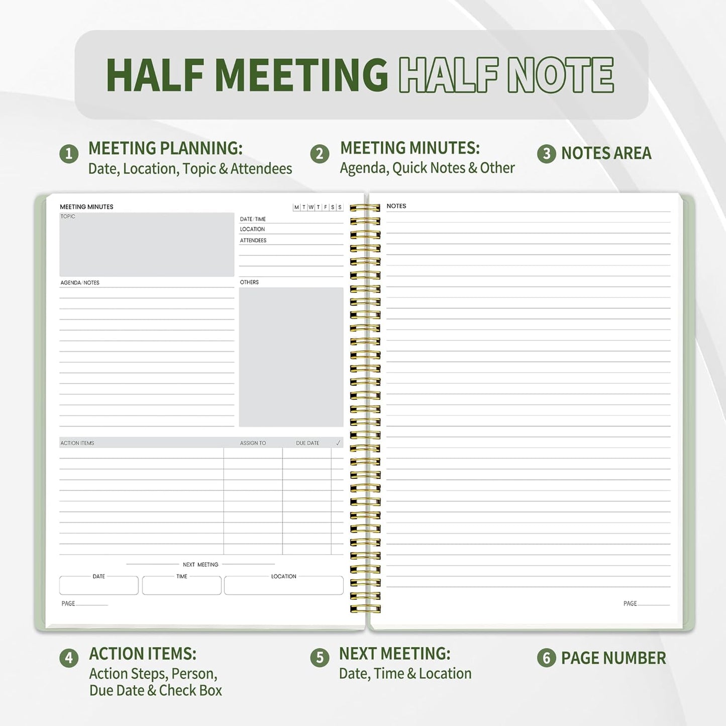 SUNEE Half Meeting Half Note - 8.5"x11" Professional Notebooks for Work - 160 Pages, A4 Size Project Planner, Spiral Meeting Agenda/Minutes Organizer for Women Men, Note Taking, Office & Business