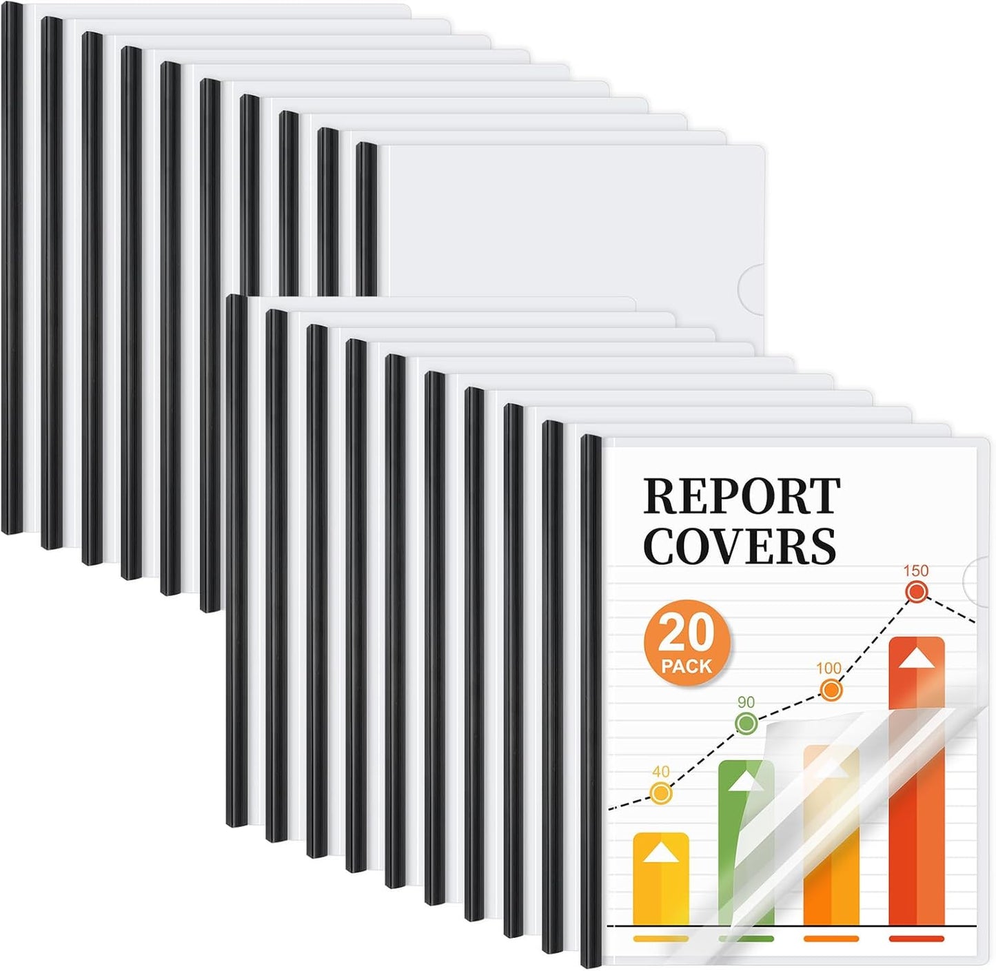 JOERSH 20Pcs Clear Report Covers with Sliding Bar, 40 Sheet Capacity Plastic Binder Paper Protector, Report Folders with Clear Cover for Resume File Documents, Black