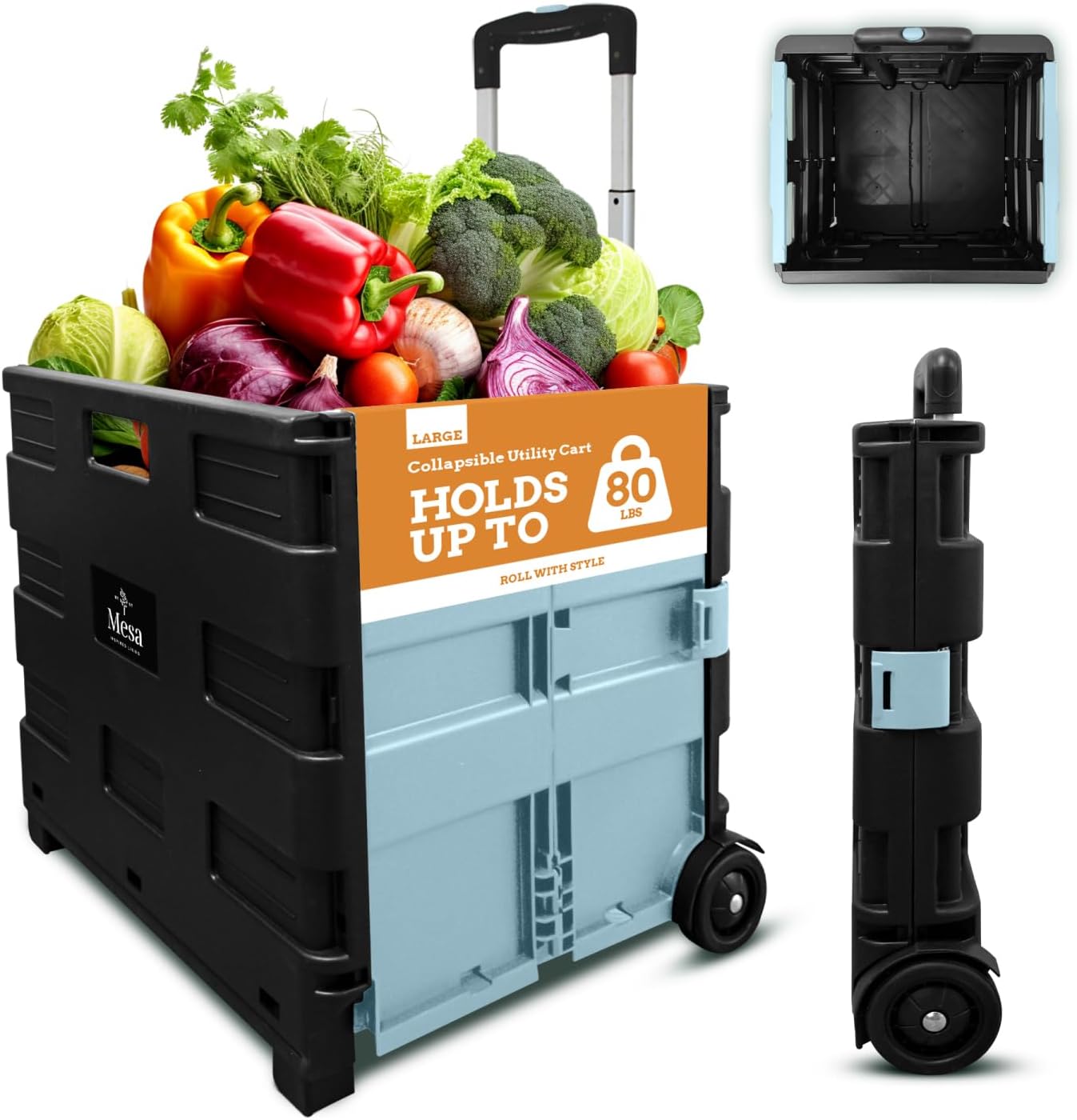 Inspired Living Ultra-Slim Rolling Collapsible Storage Pack-N-Roll Utility-carts, with Telescopic Handle, for Home, Garden, Shopping, Office, School use, Large, Baby Blue & Black