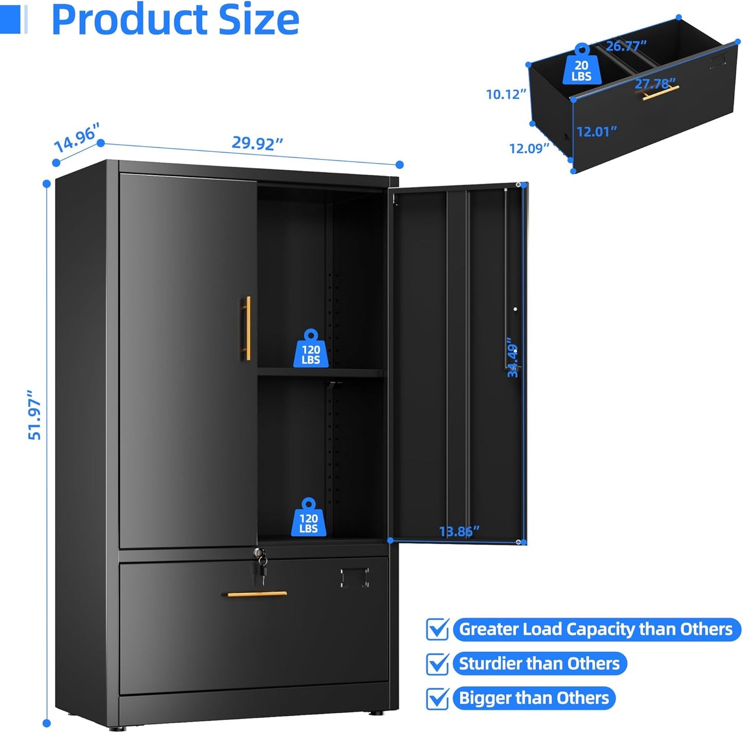 1 Drawer Lateral File Cabinet with Lock, Metal Filing Storage Cabinet with Locking Doors and Adjustable Shelf for Home, Office, School, Fits A4/Letter/Legal Size Folders, Black