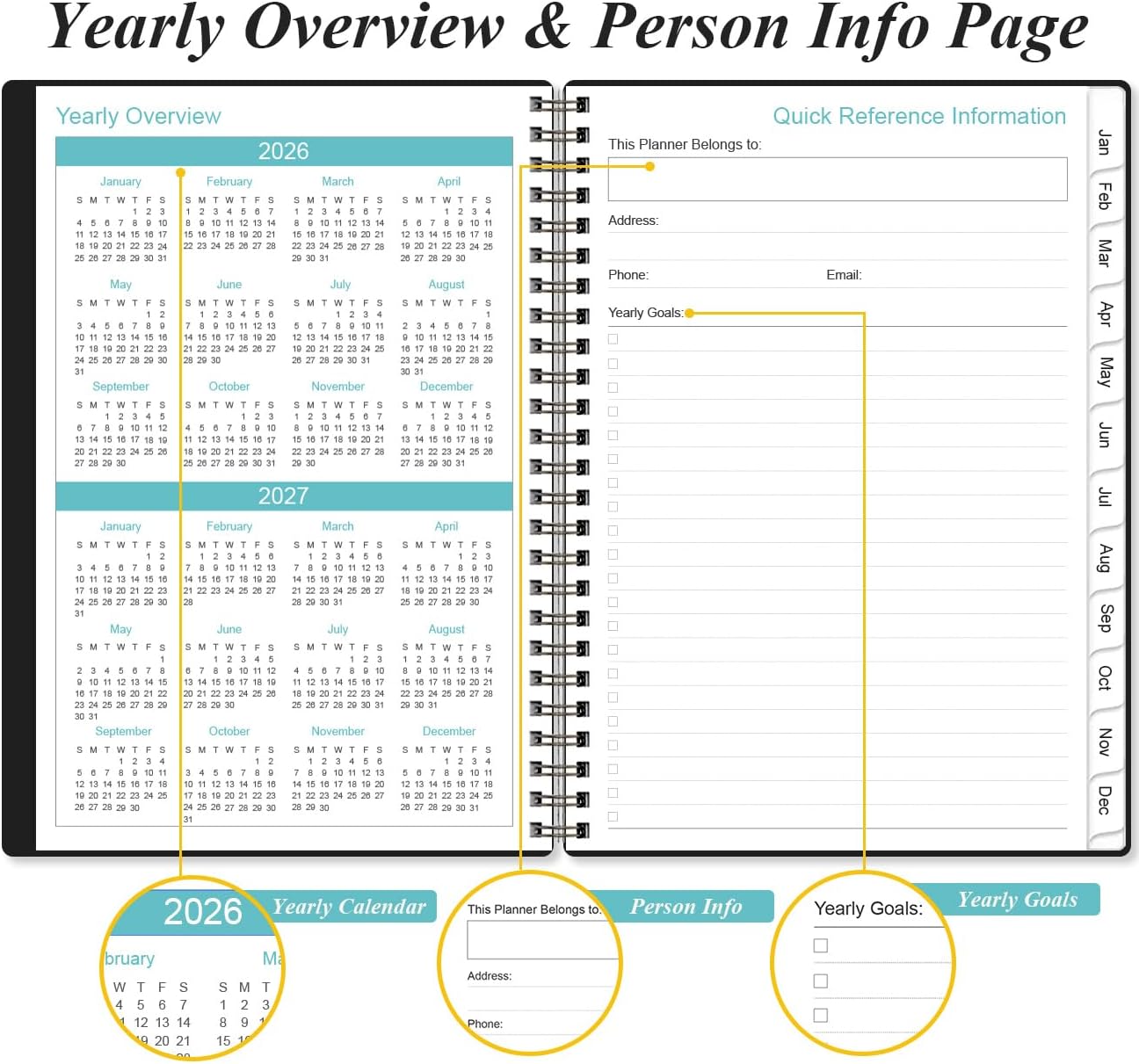 2026 Planner - Weekly and Monthly Calendar Planner from Jan 2026 - Dec 2026, Planner 2026 Spiral Bound with 12 Monthly Tabs, Inner Pocket, Perfect for School Office Supplies, 6.4" x 8.5", Black-C