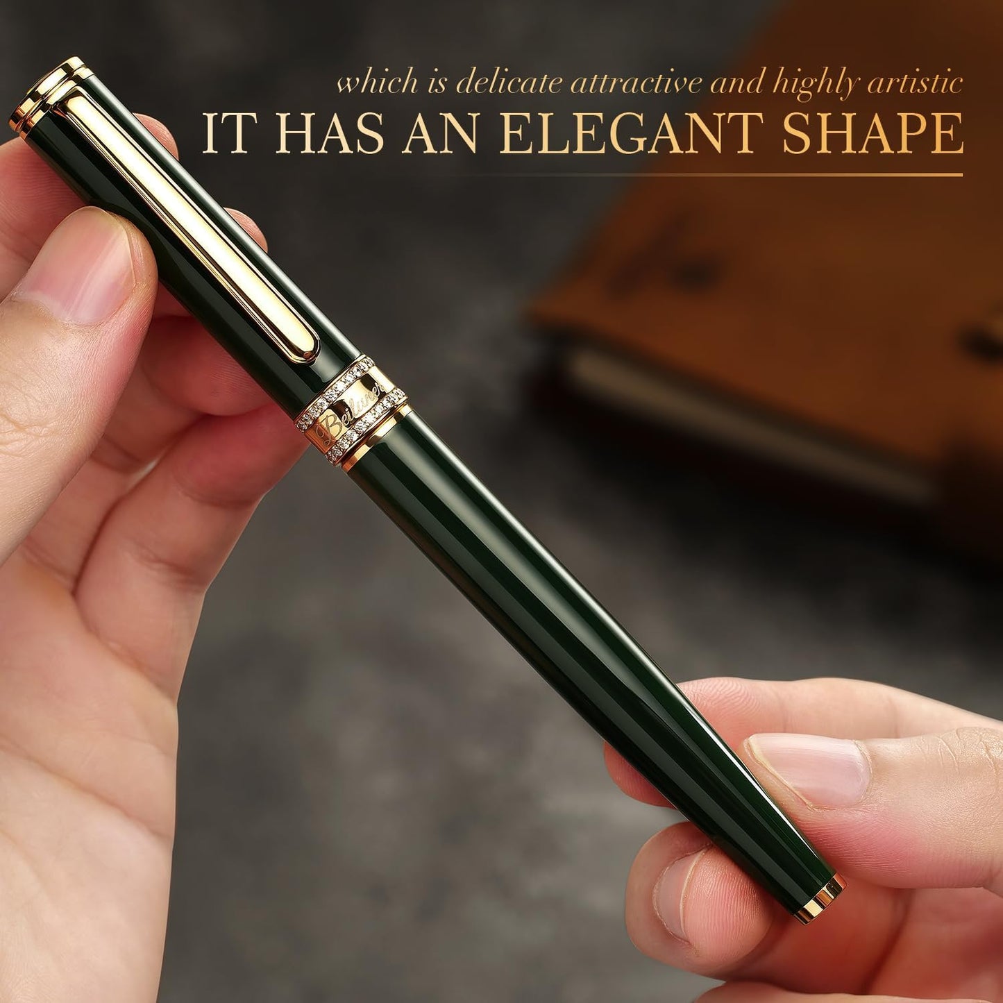 BEILUNER Green Lacquer Rollerball Pen, Diamond-Studded Cap Design, 24K Gold Trim, Noble and Elegant, Schneider Ink Refill, Best Pen Gift Set for Women & Men, Professional, Business Office, Nice Pens