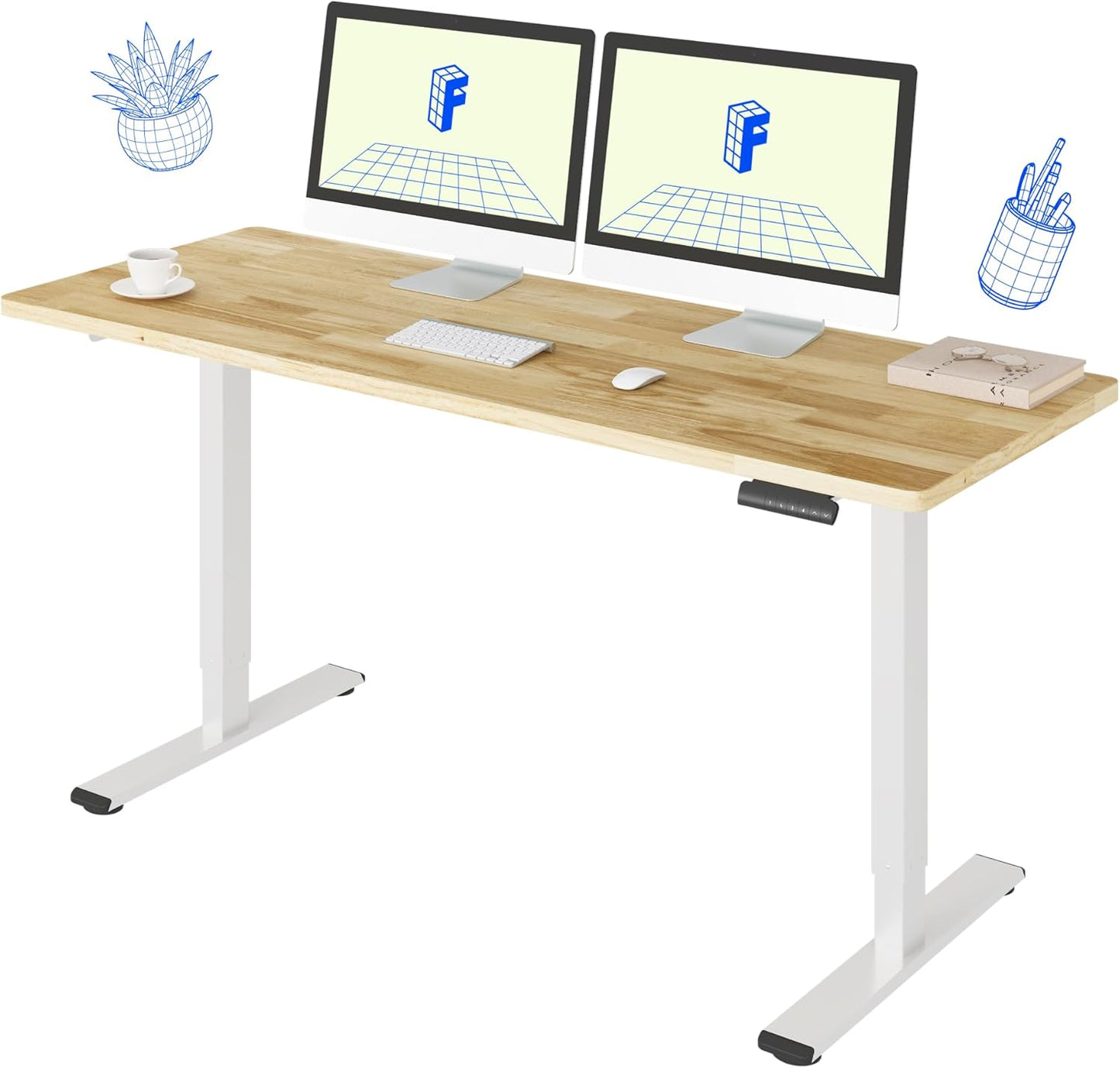 FLEXISPOT E3 Solid Wood Dual Motor Standing Desk 63x24 Inch Whole-Piece Board Electric Height Adjustable Stand Up Desk (White Frame + Rubber Wood Desktop)