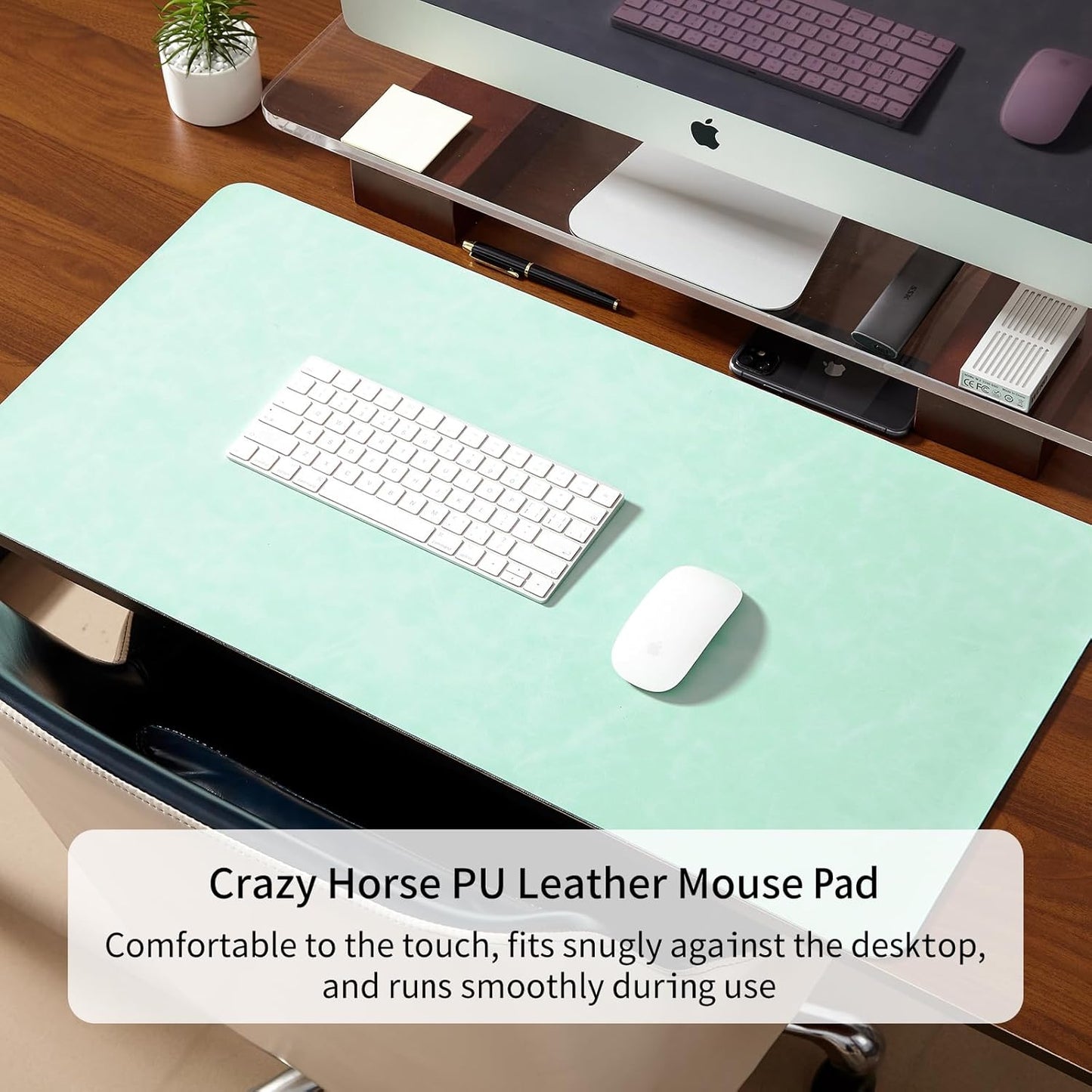 Crazy Horse Leather Desk Mat Large Mouse Pad Laptop Desk Pad Waterproof Non-Slip Table Blotter Desktop Writing Pad for Office and Home (Light Green, 60x35cm)