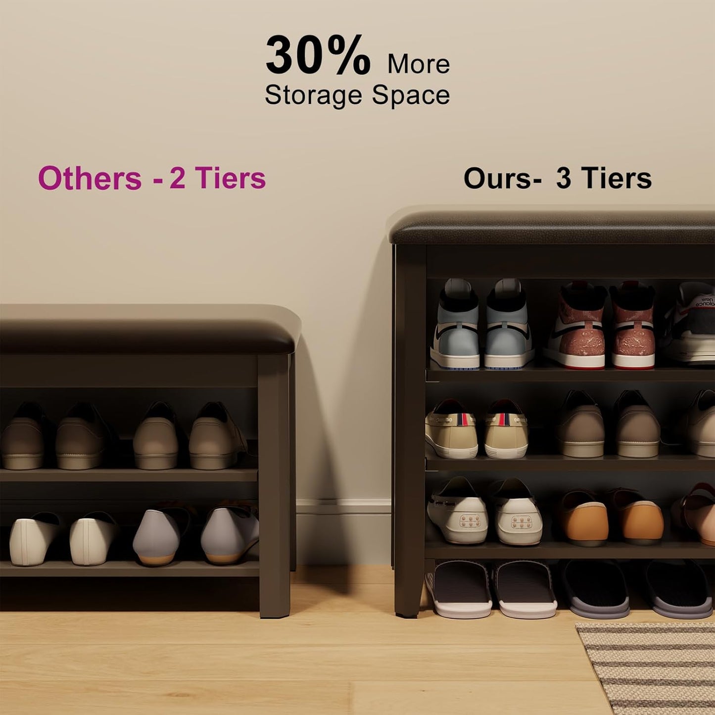 Shoe Bench with Leather Cushion, 3 Tiers Shoe Storage Bench Height Adjustable, Walnut Wood Entryway Bench for Hallway, Mudroom