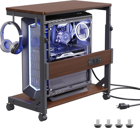 Height Adjustable Computer Tower Stand with Charge Station and USB Charging Port, 2-Tier ATX-Case Cart, Under Desk Mobile PC Stand, CPU Holder Cart with Locking Caster Wheels for Fits Most PC