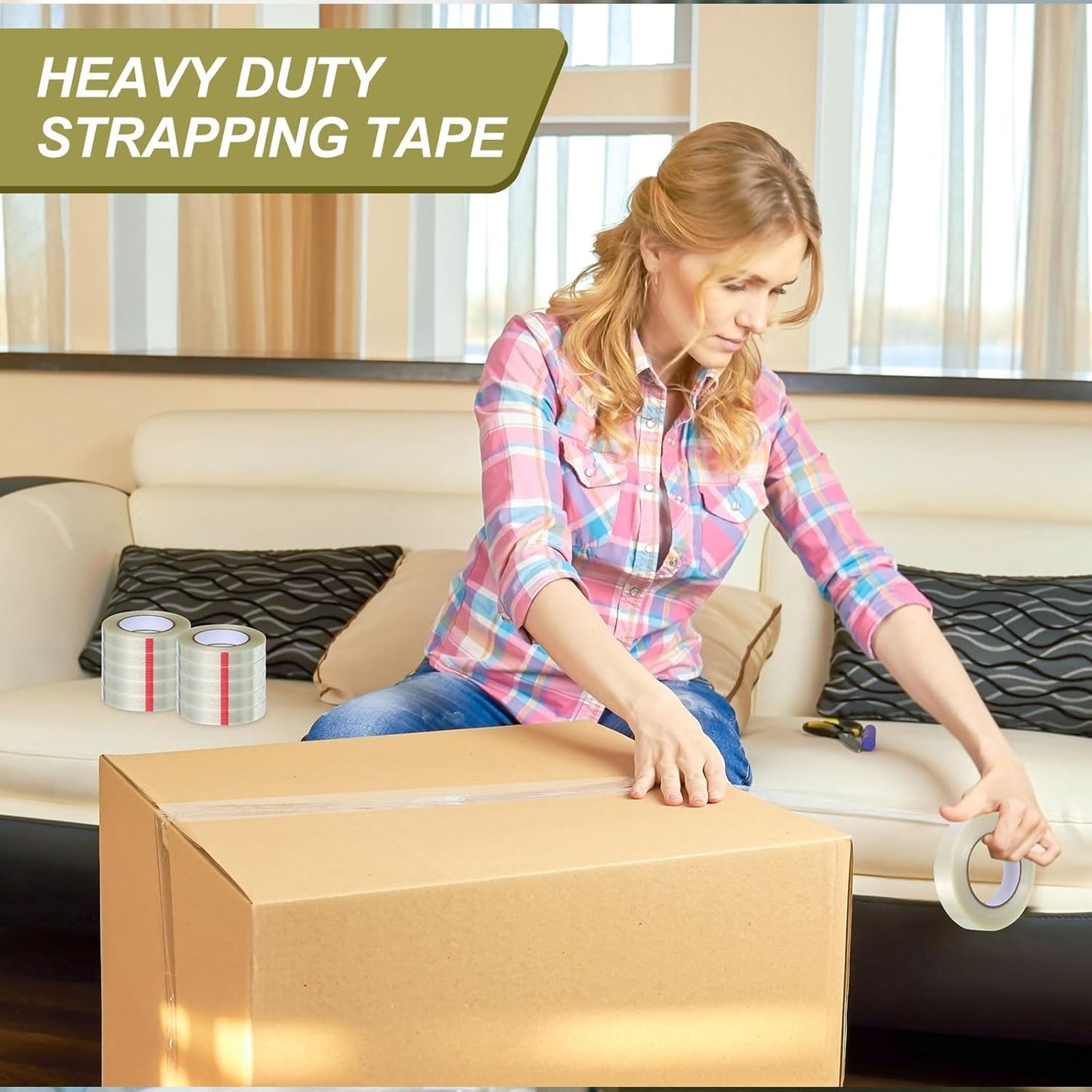 Treela 20 Rolls 1 Inch x 60 Yards Filament Strapping Tape Transparent Reinforced Fiberglass 5.5 Mil Heavy Duty Packing Shipping Tape for Sealing Binding Fixing