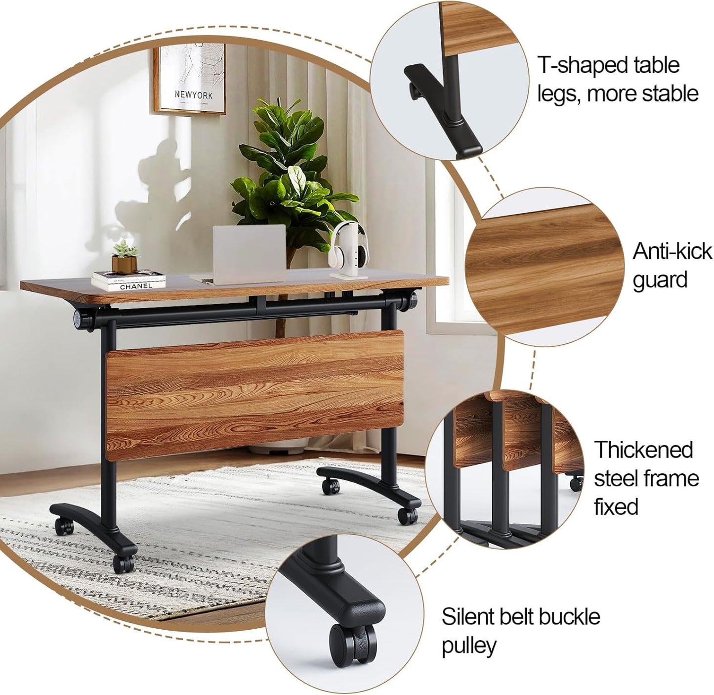 Conference Room Table with Flip-Top Design for Dynamic Meetings, Business Table Computer Desk with Heavy-Duty Frame,Foldable Seminar Meeting Tables for Home Office (6, C, 61IN)