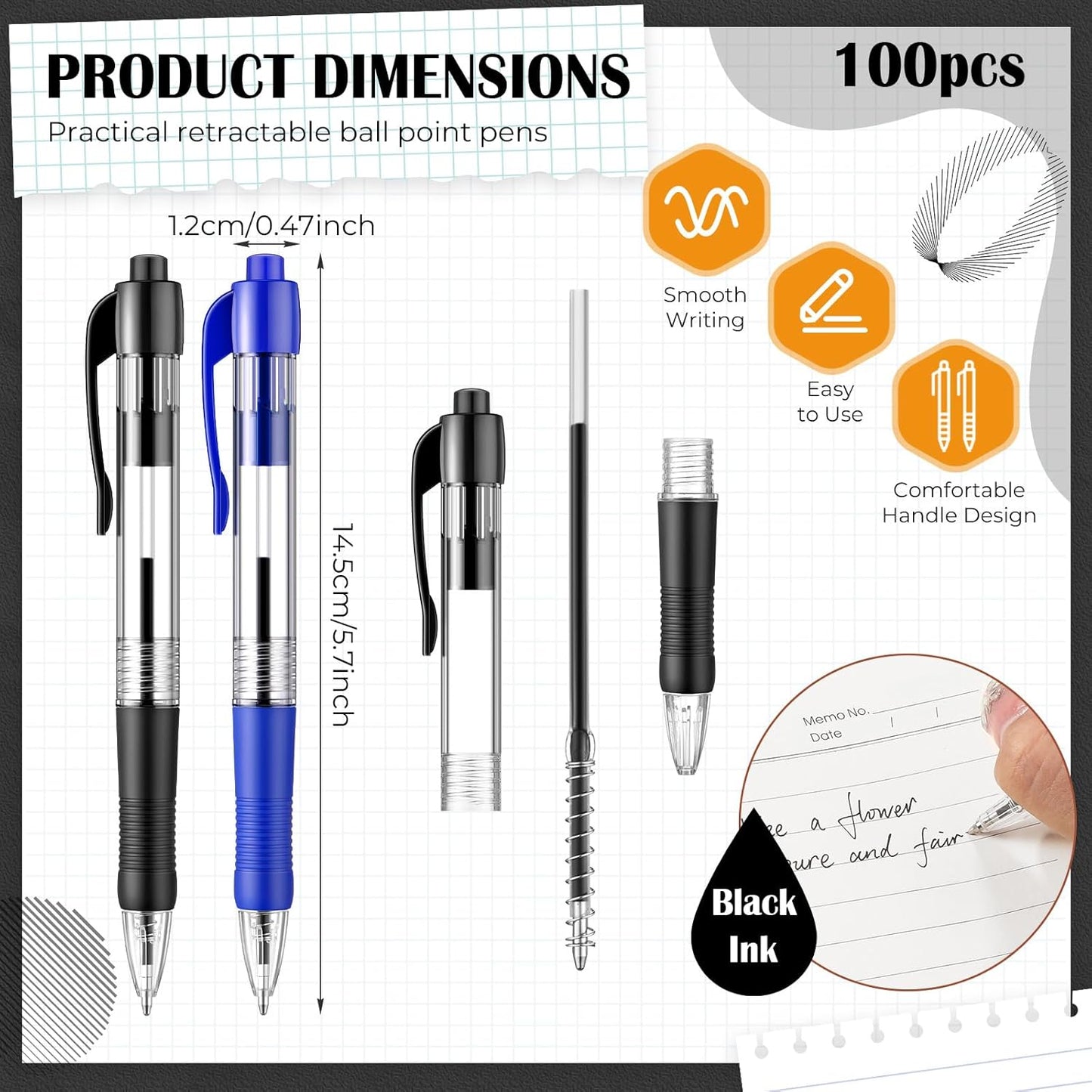 Fulmoon 100 Pcs Gel Ink Pens Retractable Ballpoint Medium Point 1.0 mm Ballpoint Smooth Writing Click Pens for Journal Writing Office Home(Black and Blue Ink)