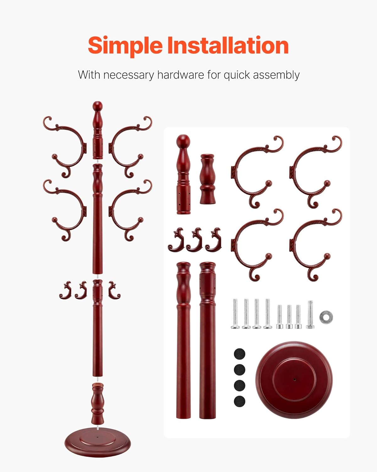 VEVOR Coat Rack Freestanding, Wooden Coats Rack Stand with Weighted Base & 11 Hooks, Free Standing Hall Coat Tree for Entryway, Bedroom, Living Room, Modern Clothes Hanger Stand for Coats, Hats, Bag