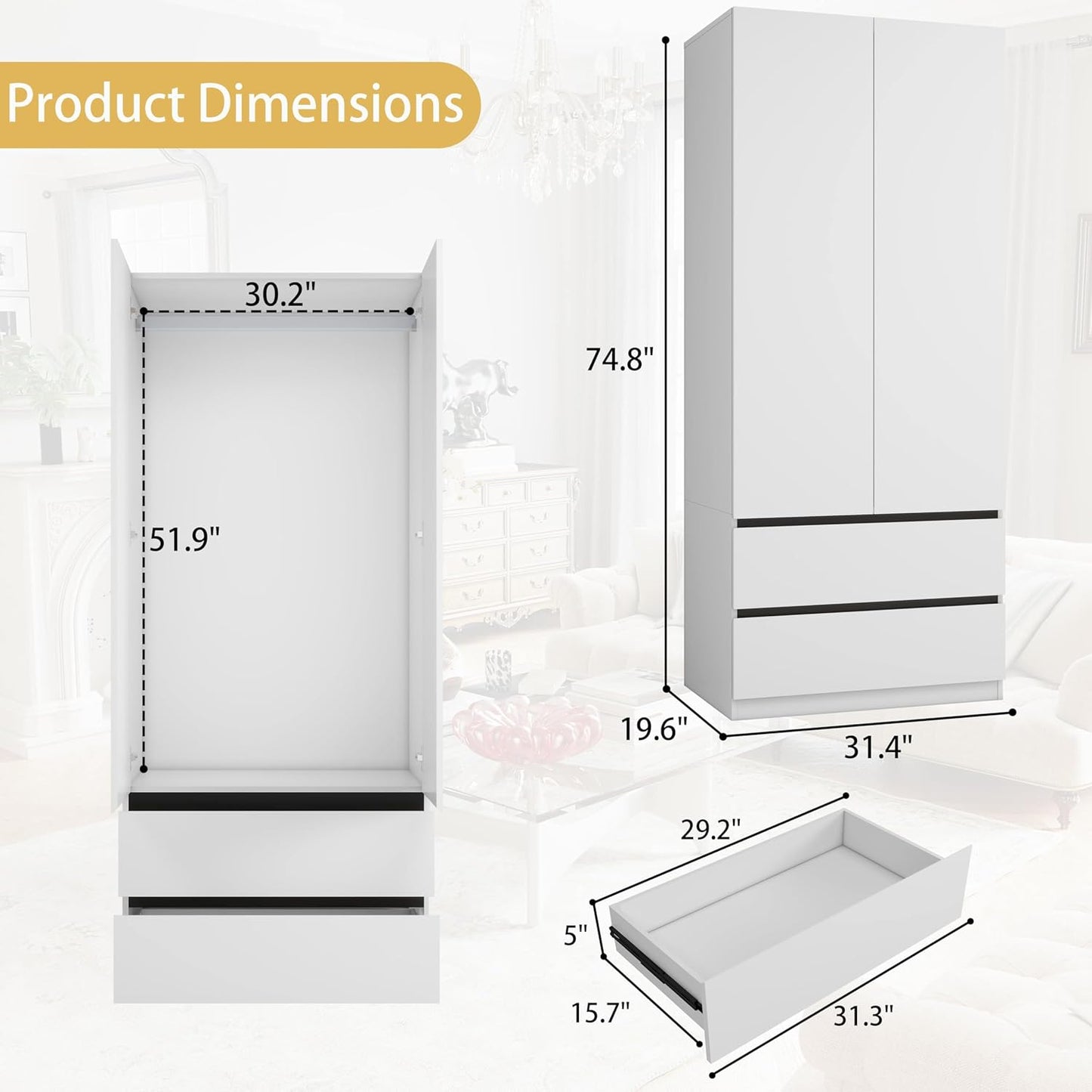 White Wardrobe Closet with Doors: 75" Large Capacity Bedroom Armoire, Wooden Cabinet with 6 Drawers, Hanging Storage Shelves with Hanging Rod (Contemporary, 3)