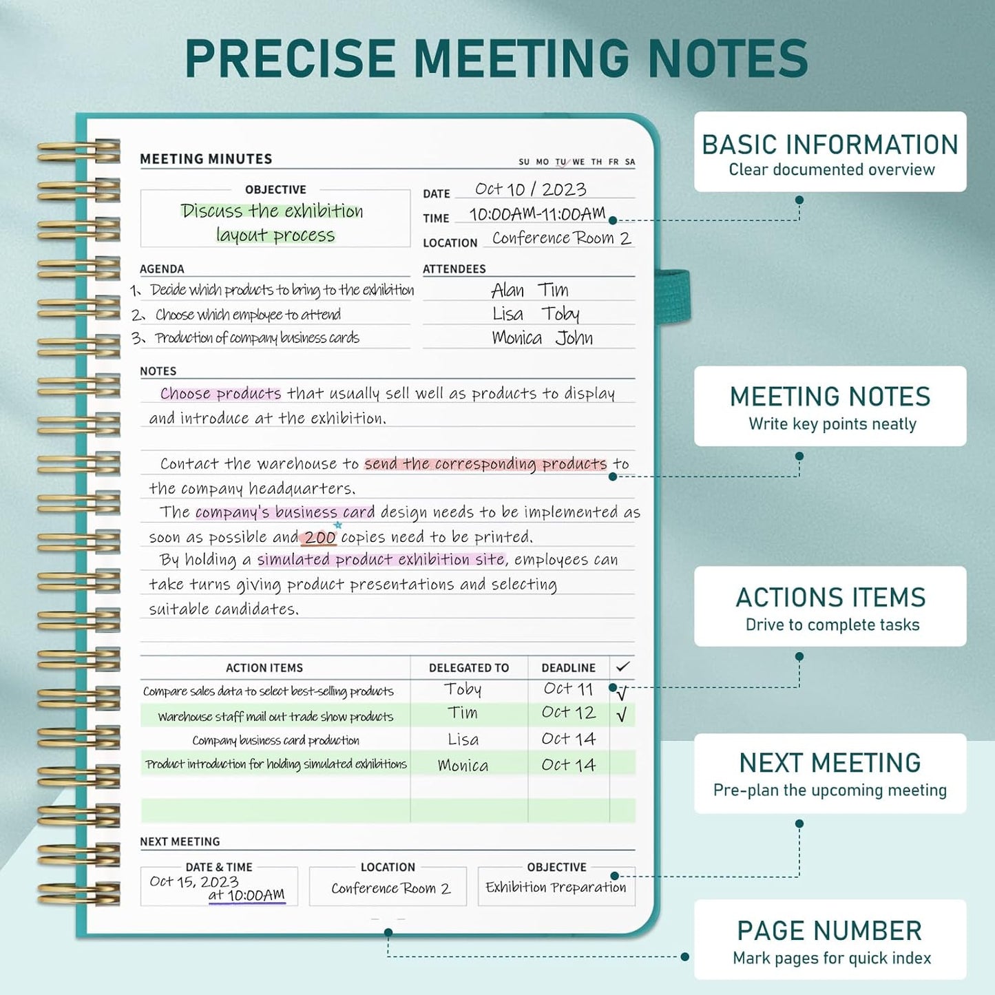 WEMATE Meeting Notebook for Work B5 (7"x10") - PU Leather Work Notebook with Agenda, Action Items & Notes - 200 Pages for Men&Women, Staff and Students, Meeting, Projects Planning - Green