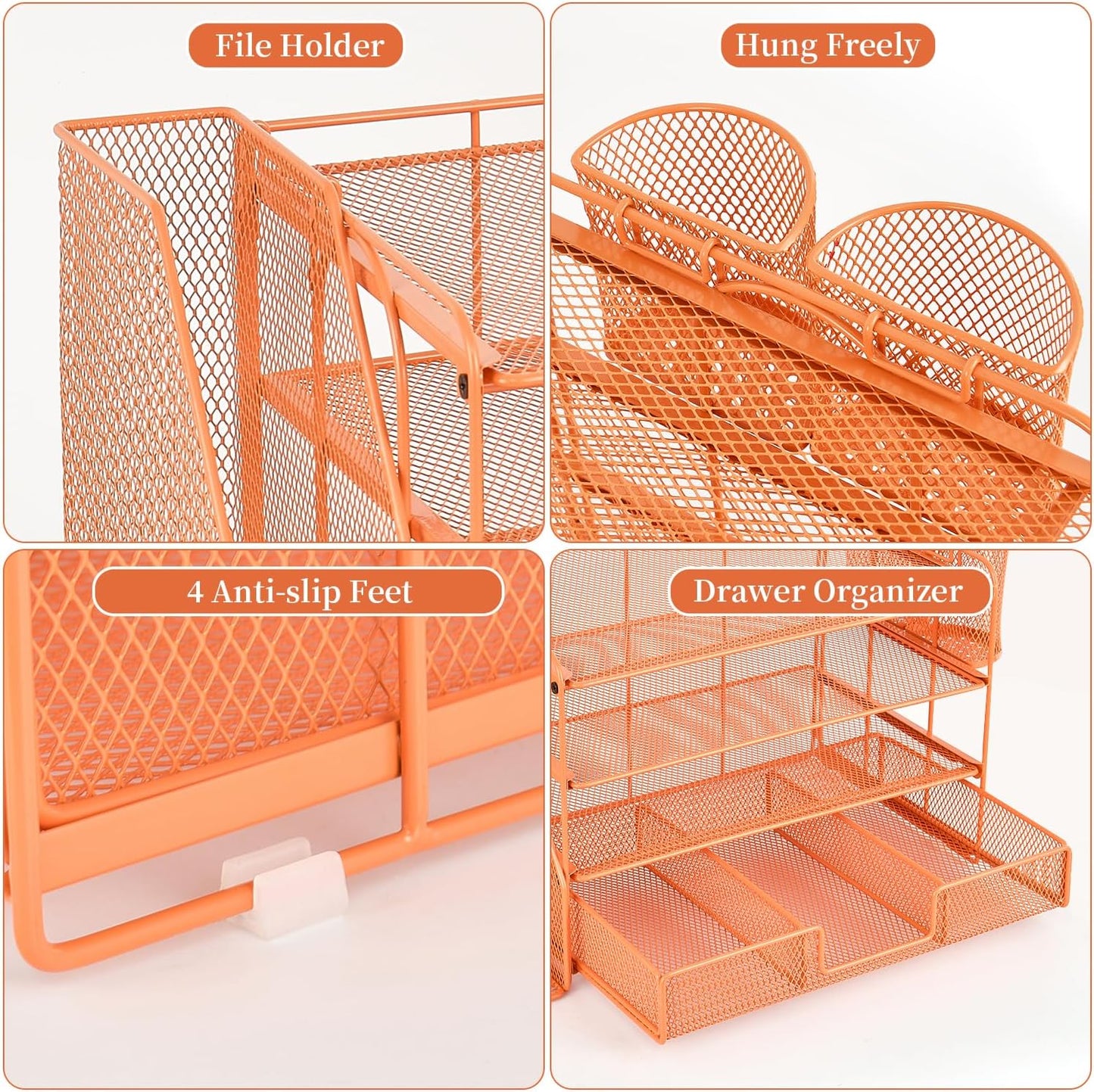 gianotter Paper Letter Tray Organizer with File Holder, 4-Tier Desk Accessories & Workspace Desk Organizers with Drawer and 2 Pen Holder for Office Supplies (Orange)