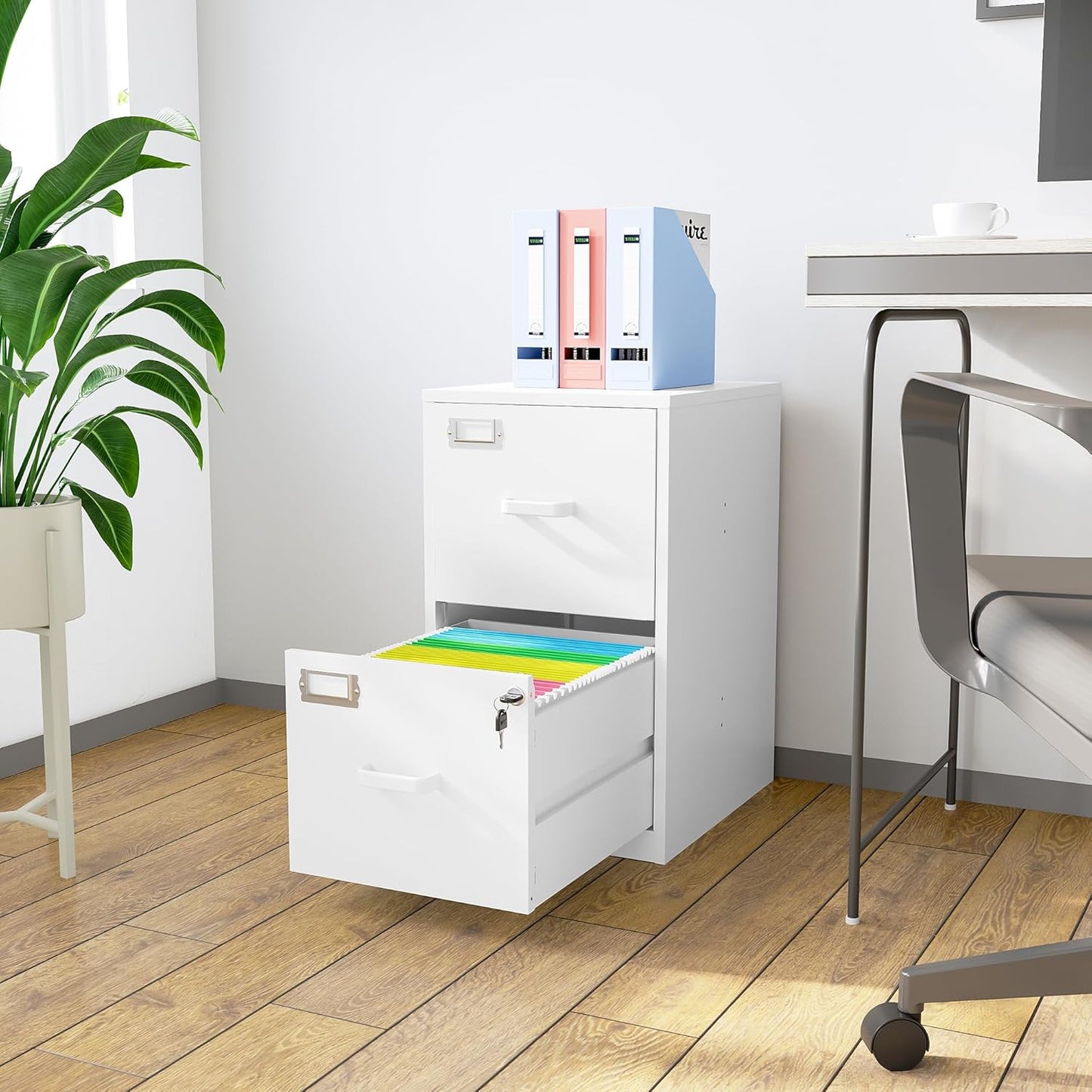 2 Drawer Vertical File Cabinet with Lock, White Metal, Under Desk, Easy Assemble