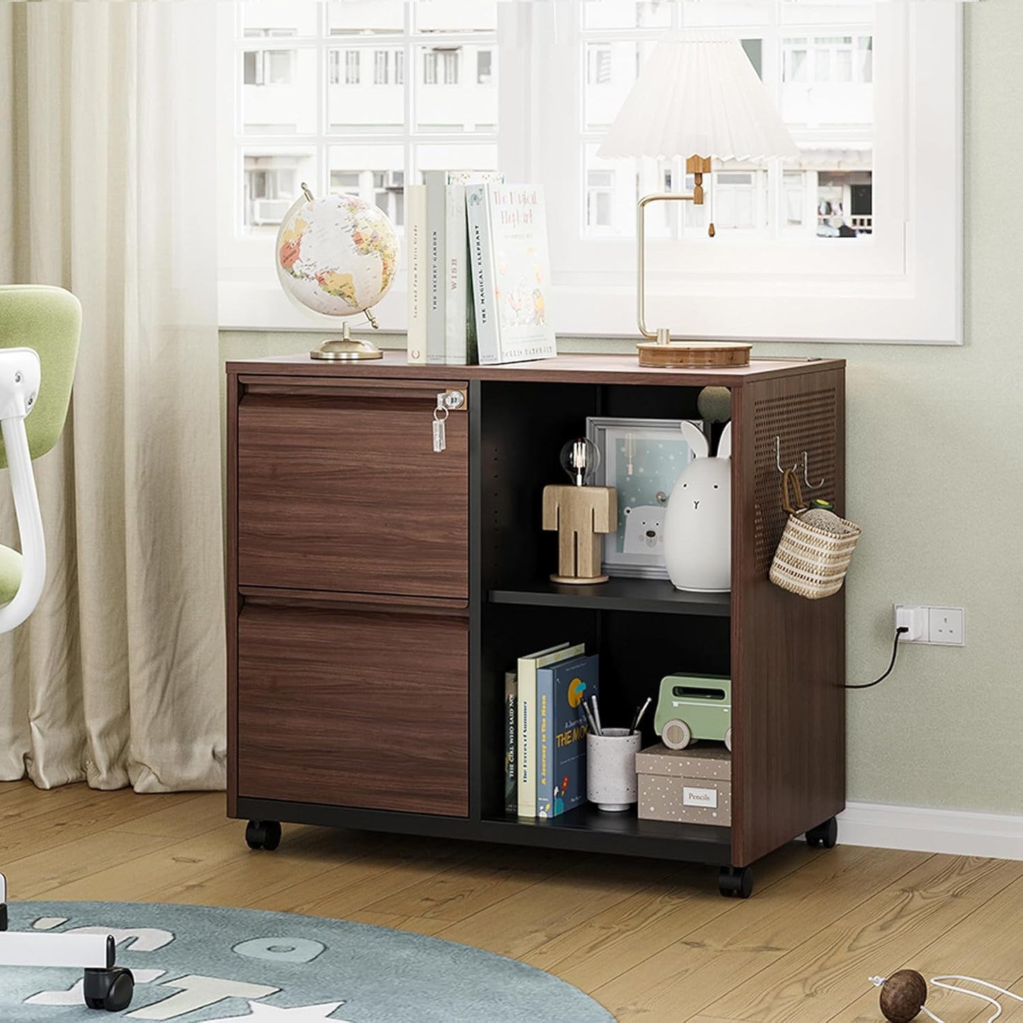 Letaya Mobile 2 Drawer File Cabinet with Lock, Metal Lateral Printer Stand Filing Storage Cabinets with Shelves for Home Office-A4/F4/Letter (Charging Socket)