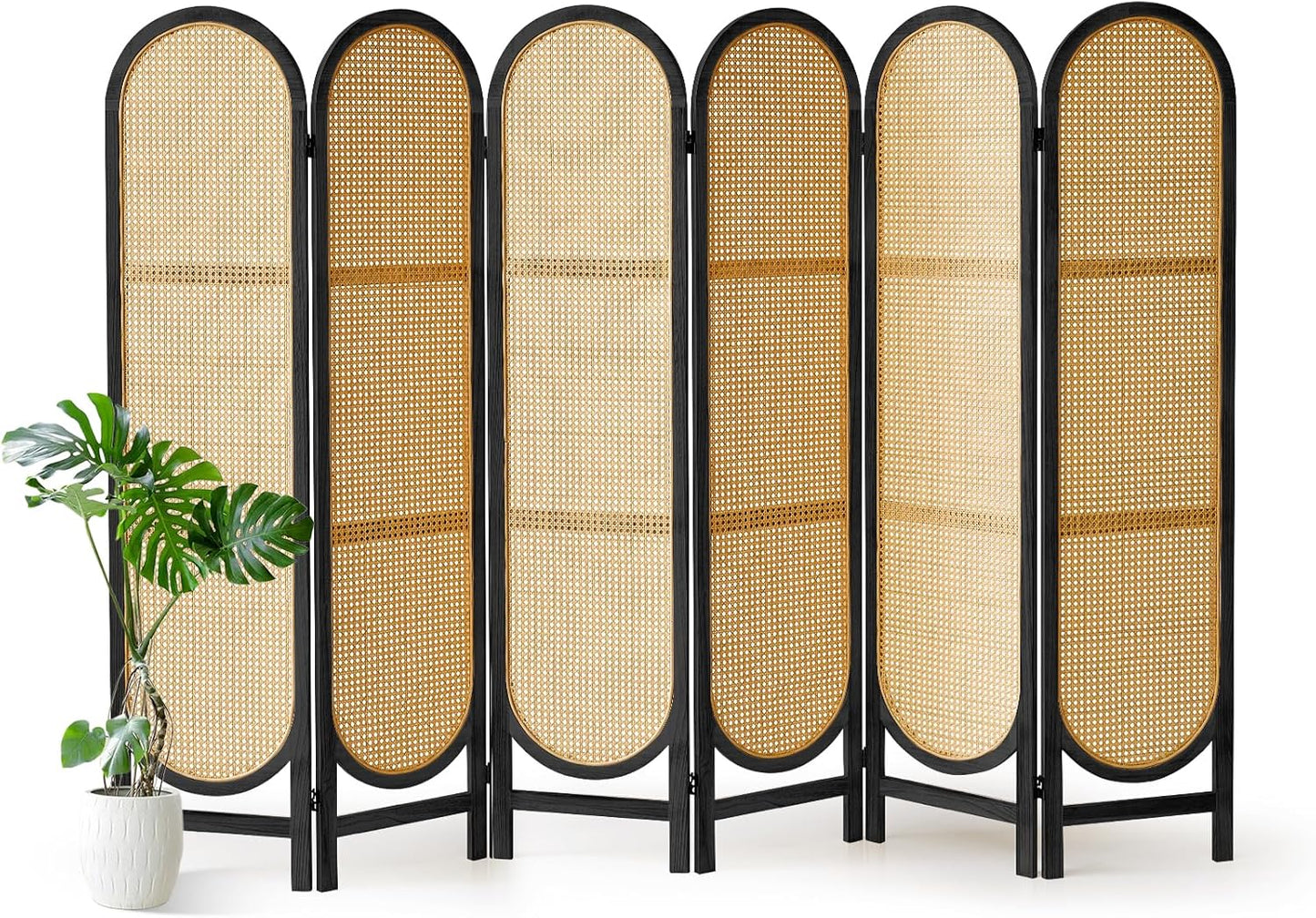 6 Panel Room Divider, Hand-Woven Rattan Room Divider Screen, Folding Privacy Screens with Double Hinges, Wooden Freestanding Wall Divider for Room Separation Bedroom Home Office - Black