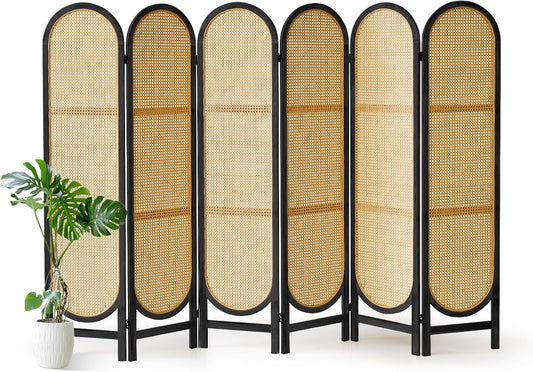 6 Panel Room Divider, Hand-Woven Rattan Room Divider Screen, Folding Privacy Screens with Double Hinges, Wooden Freestanding Wall Divider for Room Separation Bedroom Home Office - Black